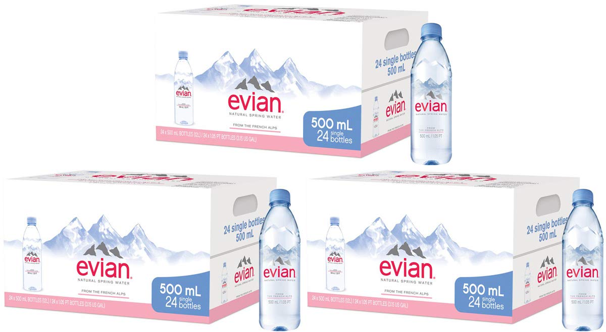 Evian Natural Spring Water 500ml (16.9 oz) Bottles - Pack of 72 (3 Cases x 24) | Pure, Naturally Filtered Mineral Water | Perfect for Hydration, Gym, Office, Travel & Emergency Kits