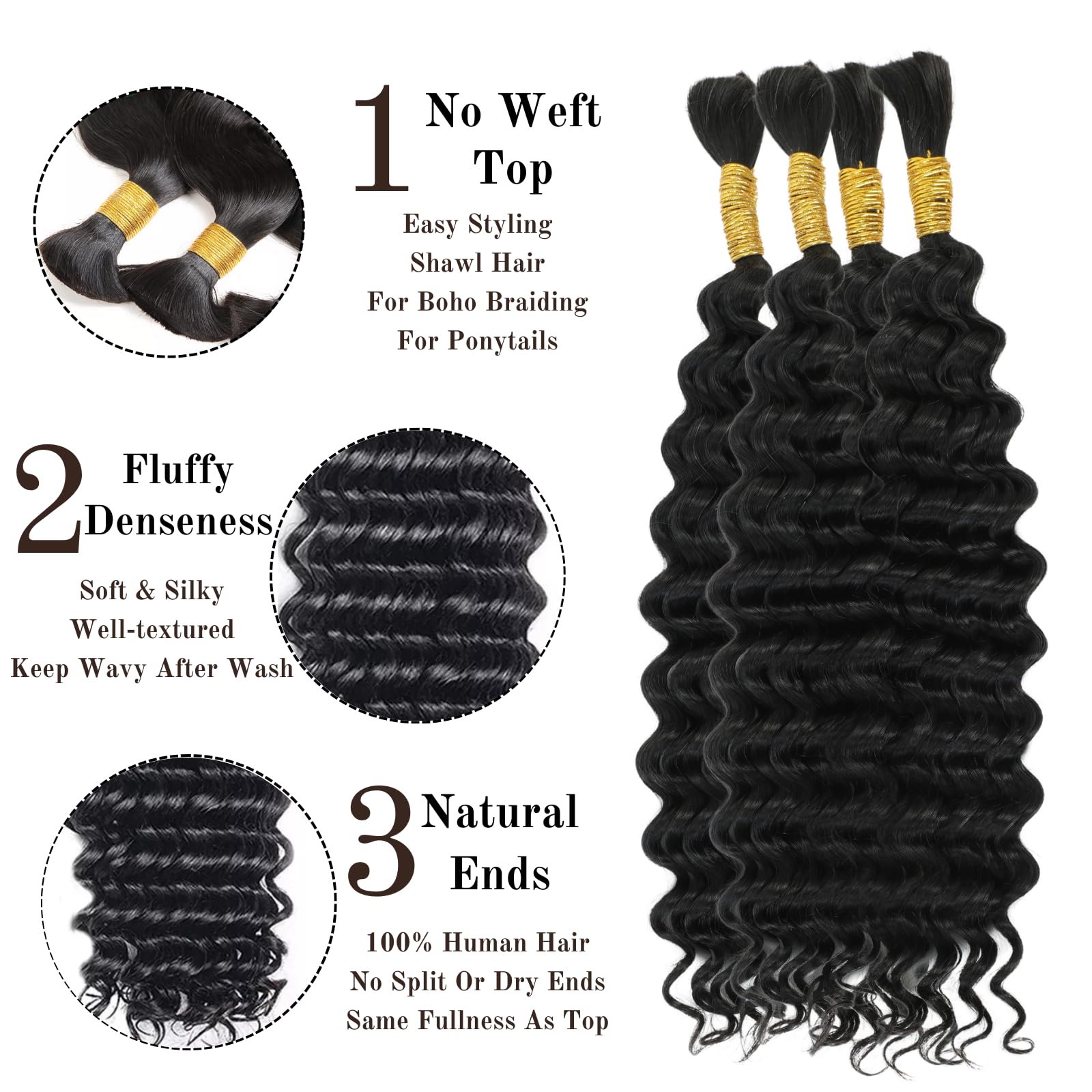 15A Soft Thick Virgin Human Hair Extensions for Boho Braids & Micro Braids - 18 Inch 200g (4x50g) No Weft Bulk Braiding Hair - Natural Black | Perfect for Protective Styles & Festival Hairstyles