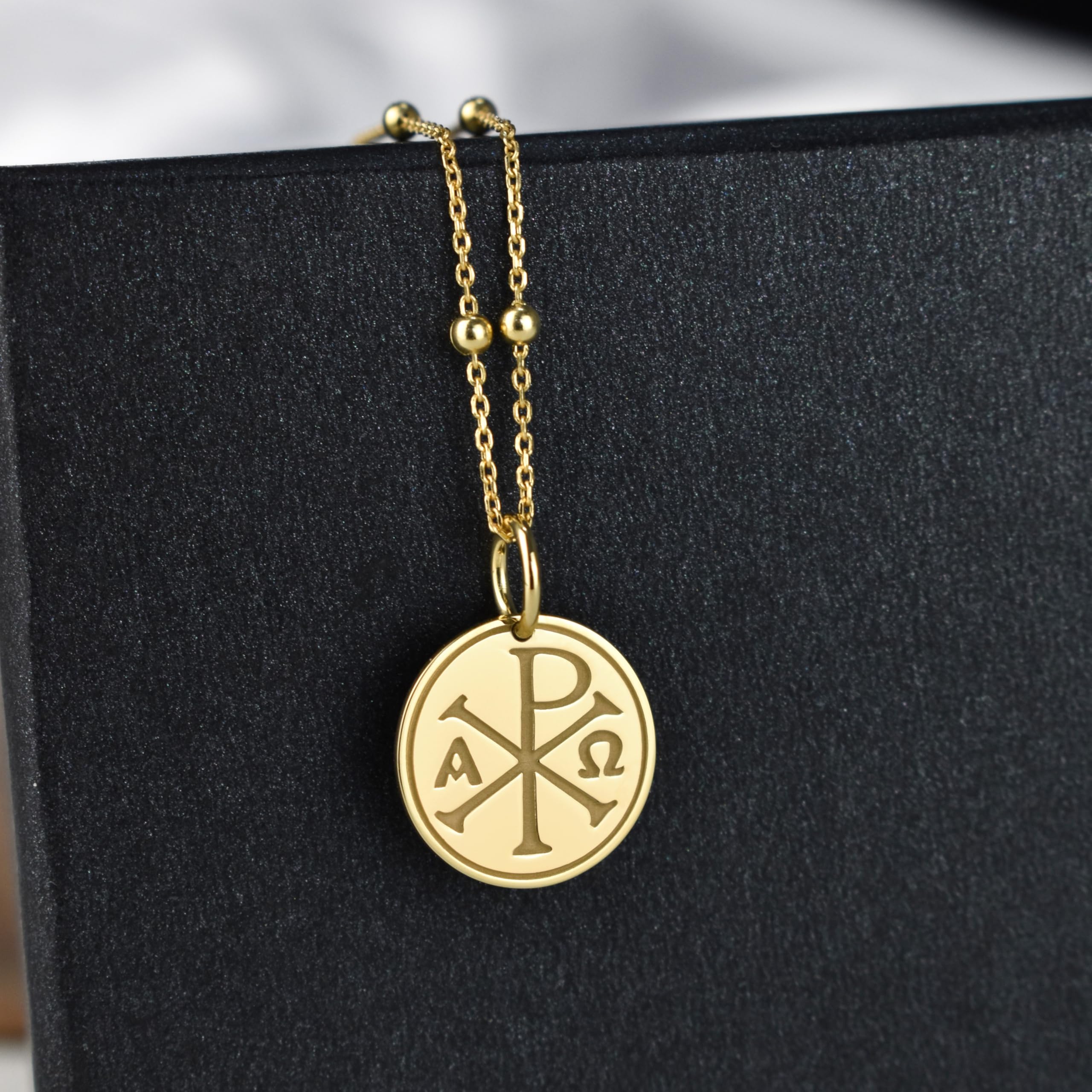 14K Gold Chi Rho Necklace - Personalized Christian Pendant with Greek Orthodox Cross Coin | Religious Jewelry for Baptism Gift & Spiritual Protection | Perfect for Church, Weddings, and Faith-Based Occasions