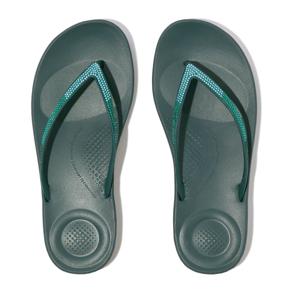 FitFlop Iqushion Sparkle Ombre Flip Flops Sandals for Women - Deep Teal/Mint Blue Gradient | Comfortable Orthopedic Beach Sandals for Summer, Pool & Vacation