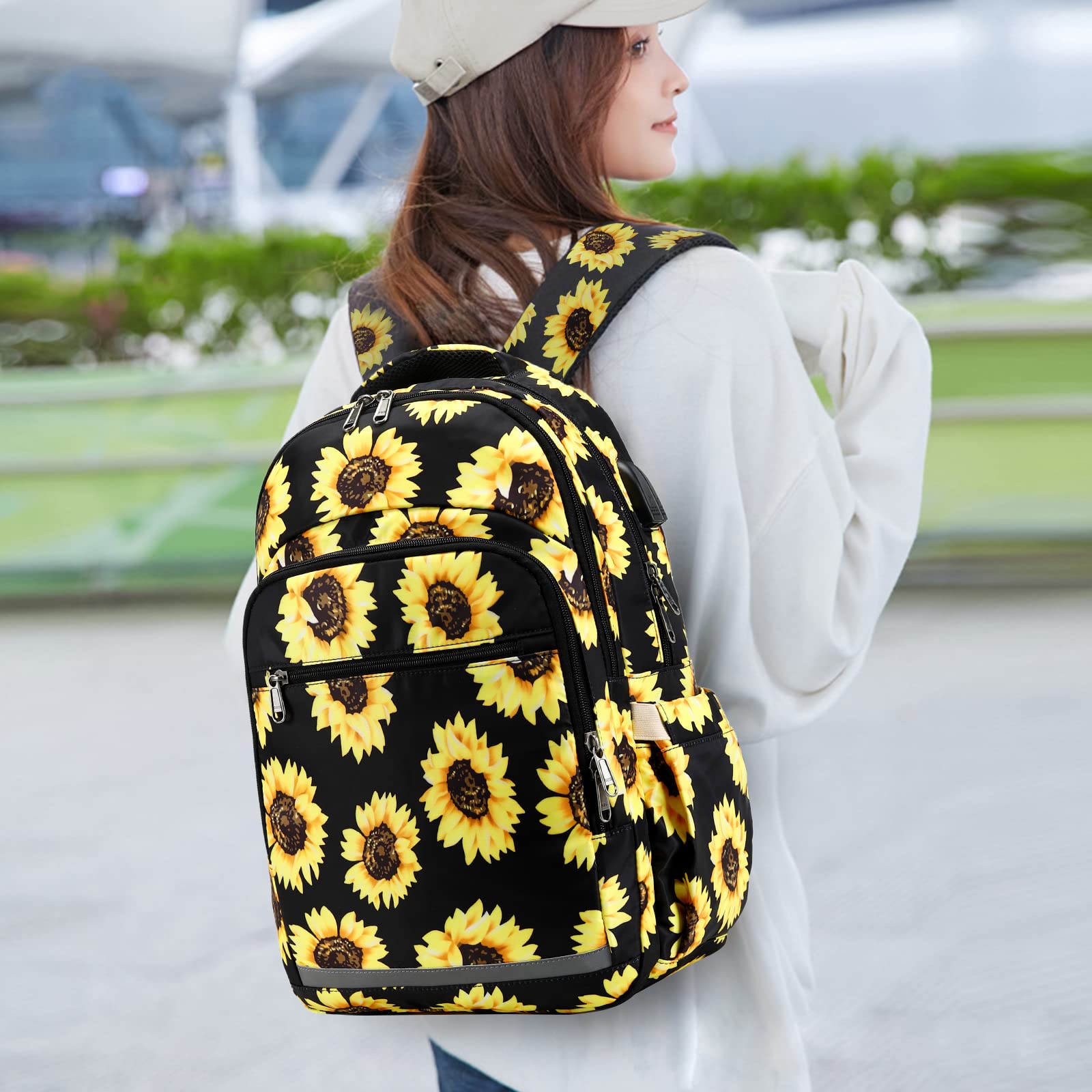Stylish Floral Backpack for Women - 15.6 Inch Laptop Bookbag with USB Charging Port & Headphone Jack, Waterproof College Backpack for Business Travel, School & Daily Commute | Sunflower Design Daypack for Work & Outdoor Activities