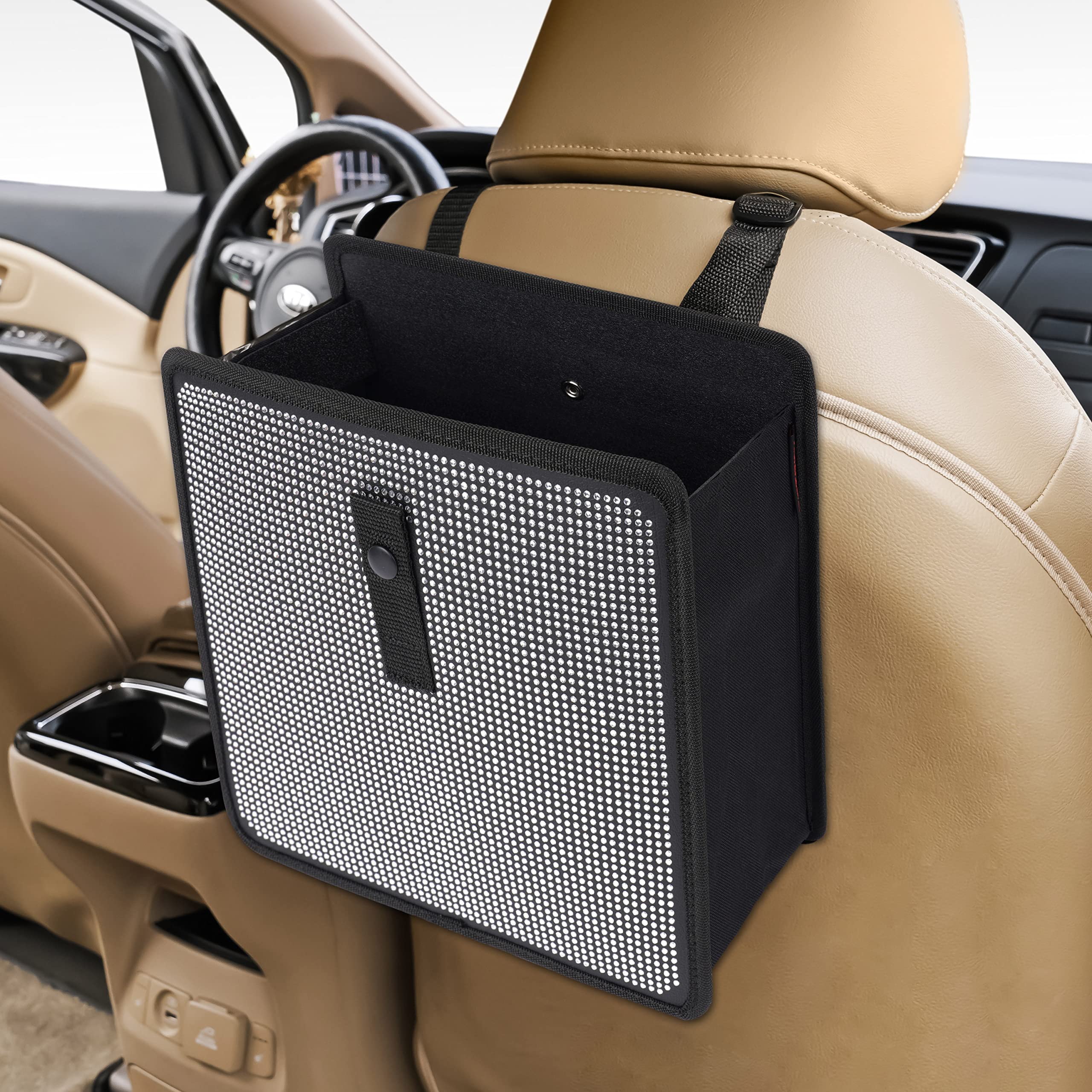Foldable Hanging Bling Trash Can for Car - Vegan Leather & Oxford Fabric Collapsible Car Garbage Bin - Diamond Pattern Auto Organizer - Perfect for Road Trips, Travel & Daily Commute (Large Size)