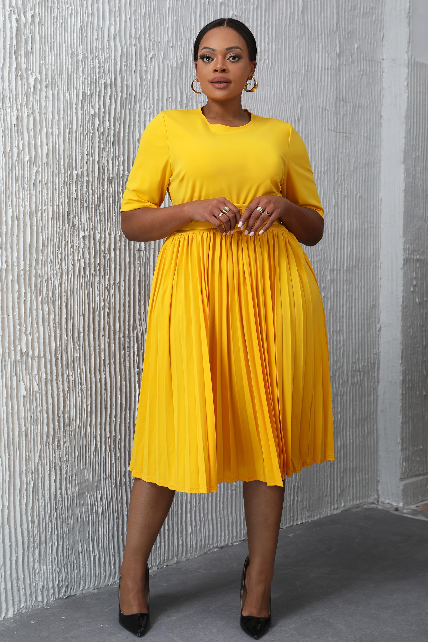 VERWIN Plus Size Short Sleeve A-Line Dress for Women - Round Neck Midi Dress with Belt & Pleated Design | Perfect for Office, Date Night & Summer Outfits