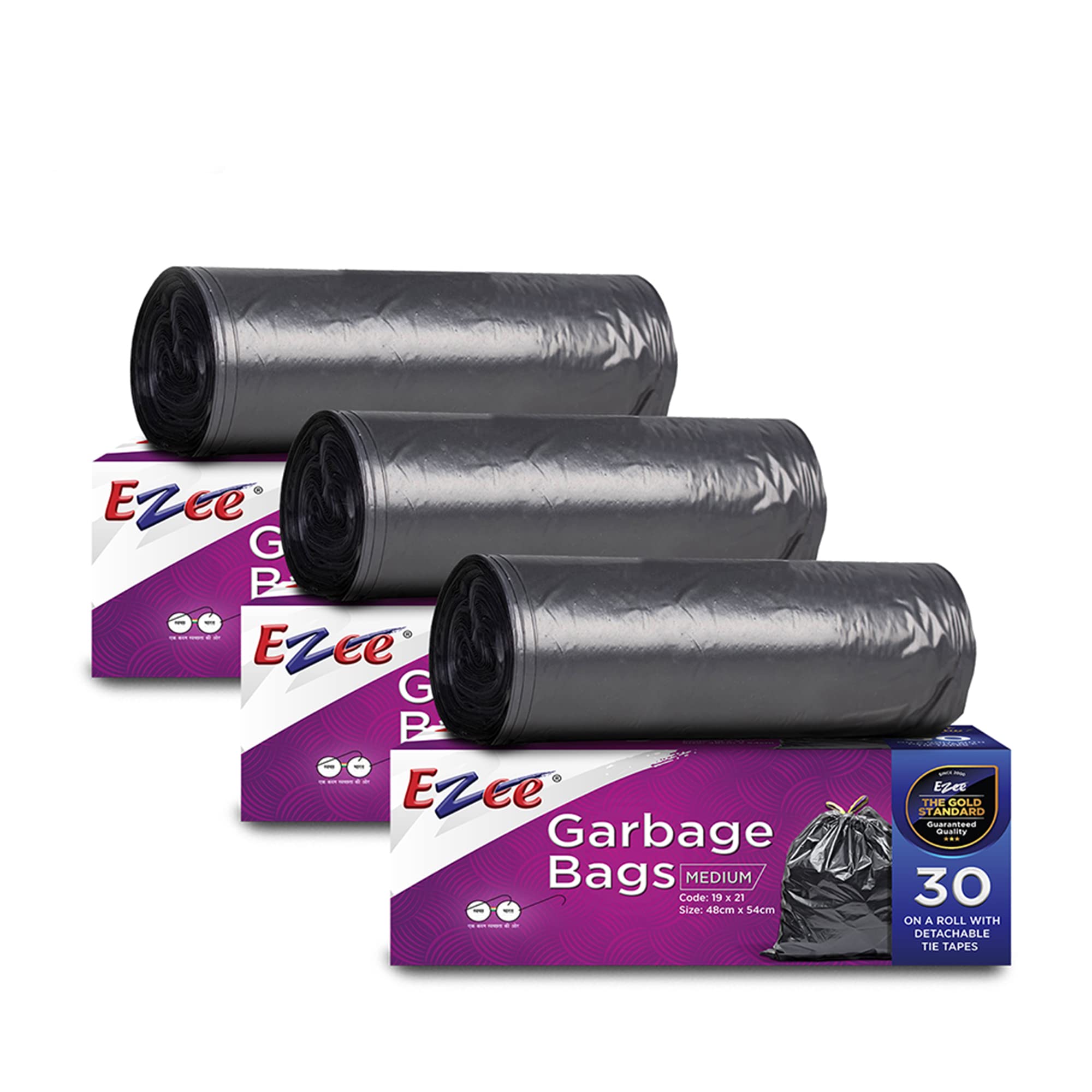 Ezee Black Heavy Duty Trash Bags 90 Count - 19x21 Inch Medium Size Garbage Bags for Kitchen, Bathroom & Office Waste Bins (Pack of 3 x 30 Bags) | Durable & Leak-Proof for Everyday Use