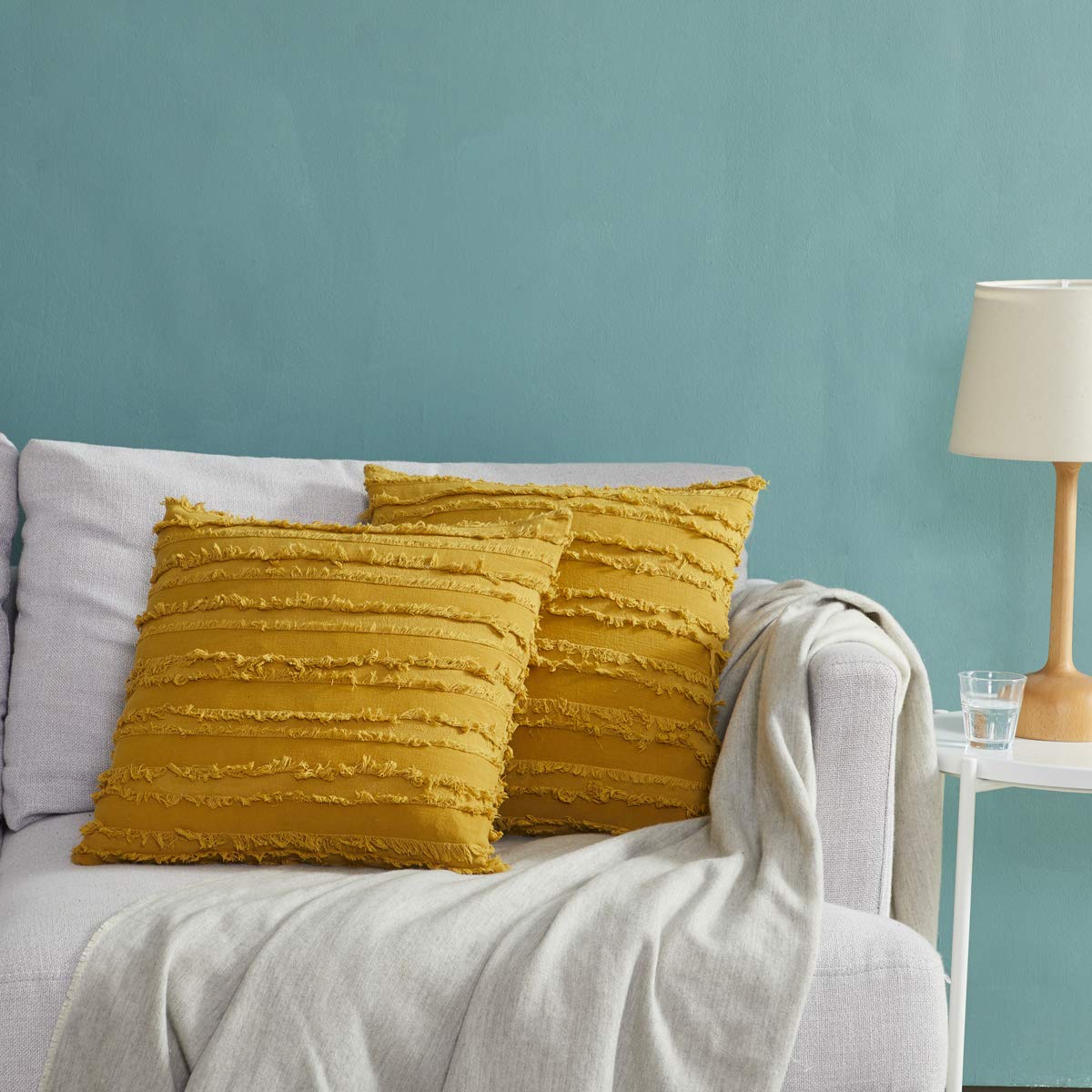 GIGIZAZA 22x22 Inch Decorative Throw Pillow Covers - Mustard Yellow Square Couch Pillow Covers, 100% Cotton Boho Cushion Covers for Sofa, Bed & Living Room Decor