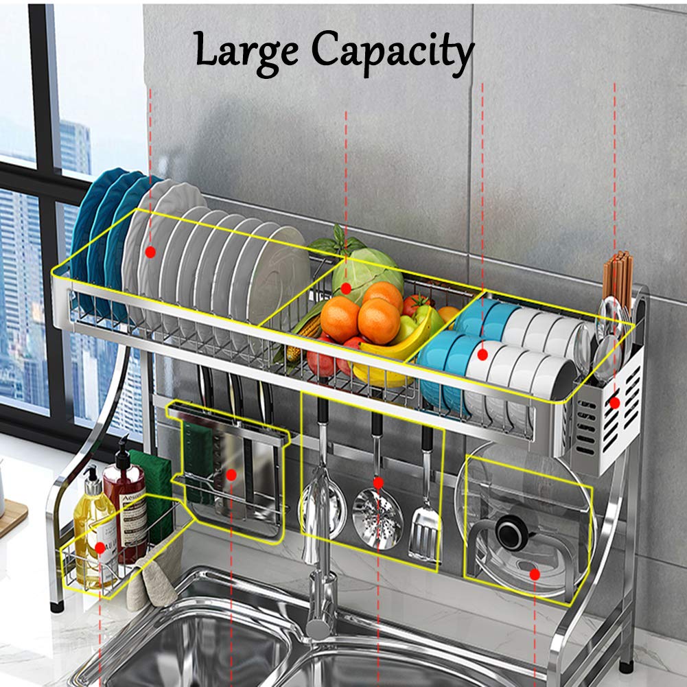 LoveHouse 2-Tier Stainless Steel Over The Sink Dish Drying Rack - 33 Inch Multi-Functional Utensil Holder & Large Dish Drainer with Sturdy Storage Shelf (Black) - Perfect for Small Kitchens & Countertop Organization