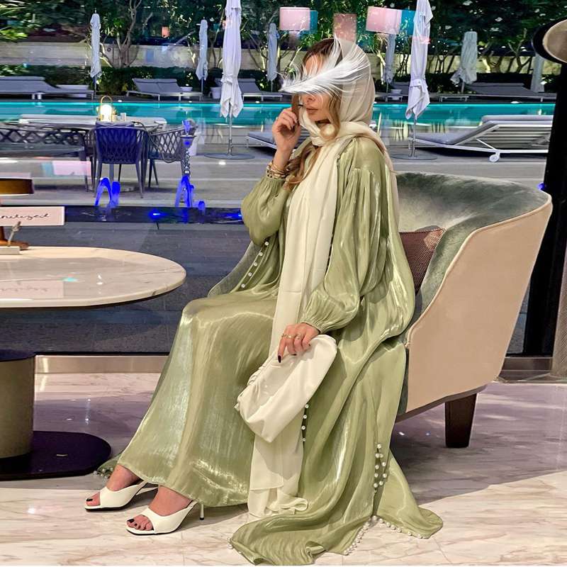 2 Piece Set Satin Beads Muslim Women's Open Abaya Dress with Inner Sleeveless Dress - Elegant Prayer Dress for Eid, Wedding & Special Occasions