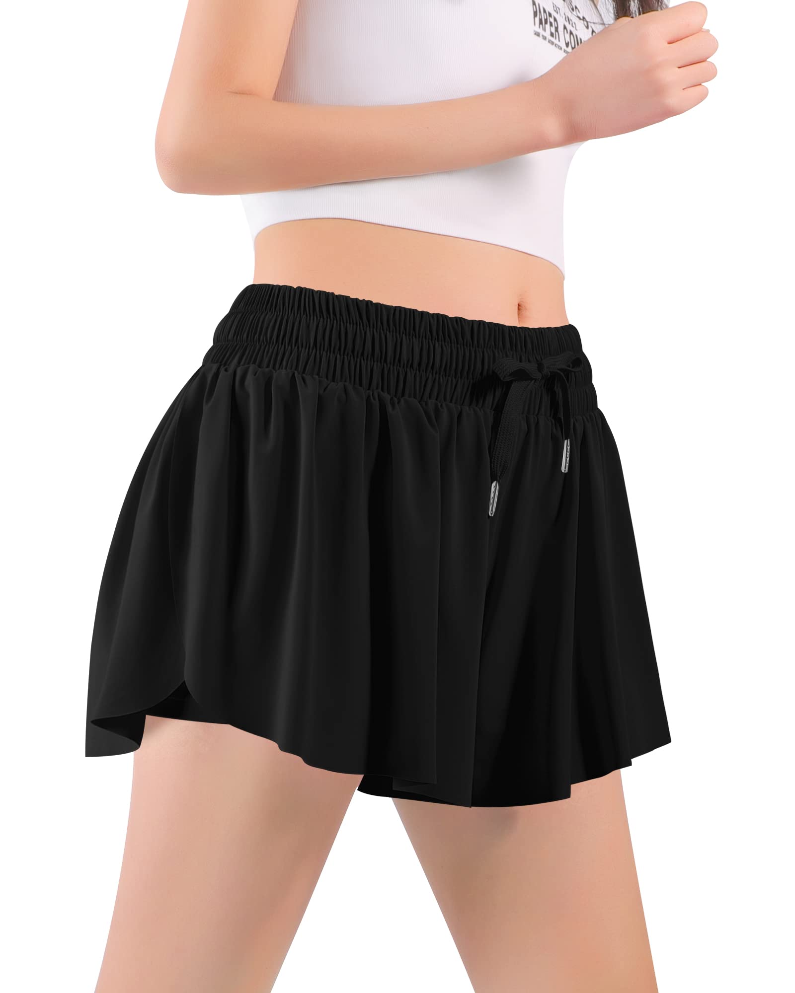 Auranso Girls Butterfly Shorts with Pockets - 2-in-1 Athletic Running Shorts for Gym, Yoga & Casual Wear - Comfortable Flowy Preppy Clothes for Teens & Women