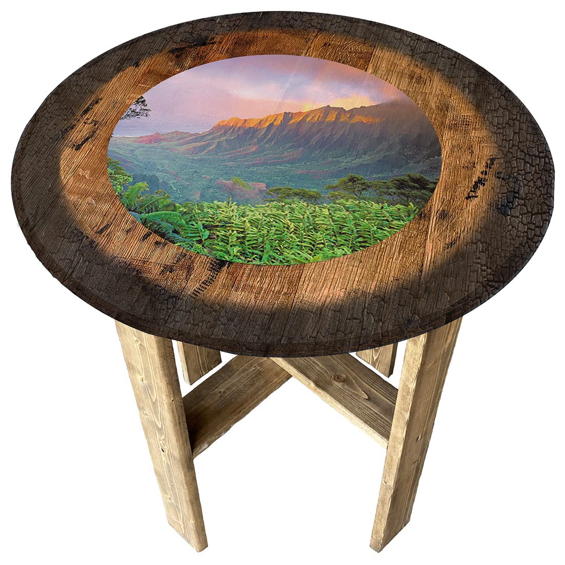 Rustic Round Whiskey Barrel End Table - Farmhouse Pub Decor, Mountain Cliff Sunset Gift for Home & Bar - Perfect for Living Room, Man Cave, or Outdoor Patio