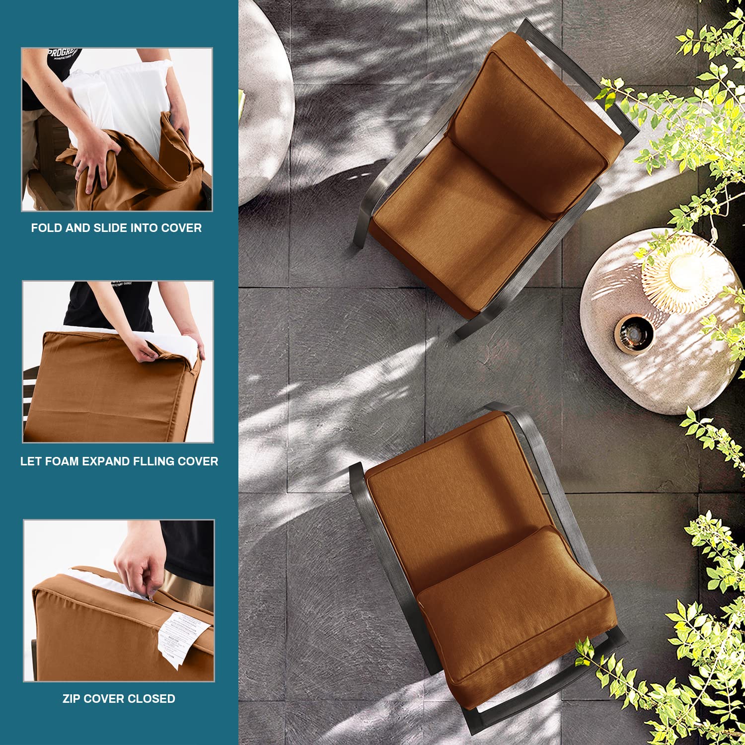 ARTPLAN Olefin 24x24 Deep Seat Patio Cushions - Extra 6 Inch Thick Outdoor Furniture Cushions with 18x24 Back Pillow | Removable & Replaceable | Solid & Floral Patterns | Indoor/Outdoor Use in Signal Orange | Perfect for Patio, Deck, Poolside & Sunroom Furniture