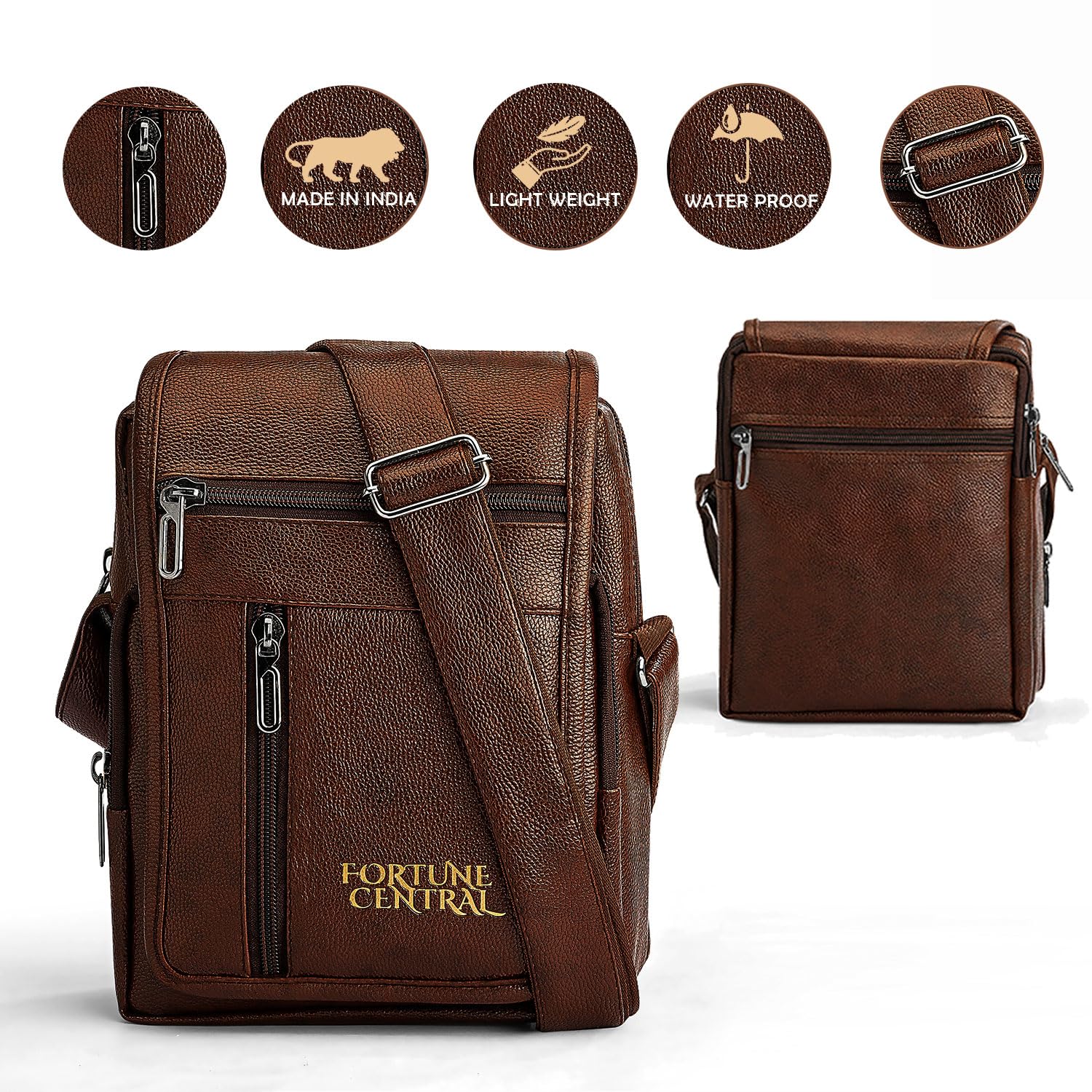Premium Men's Crossbody Sling Bag - Waterproof Lightweight Leather Shoulder Bag with Adjustable Strap & Hidden Pocket | Perfect for Travel, Work Commute, Cycling & Outdoor Activities | Made in India