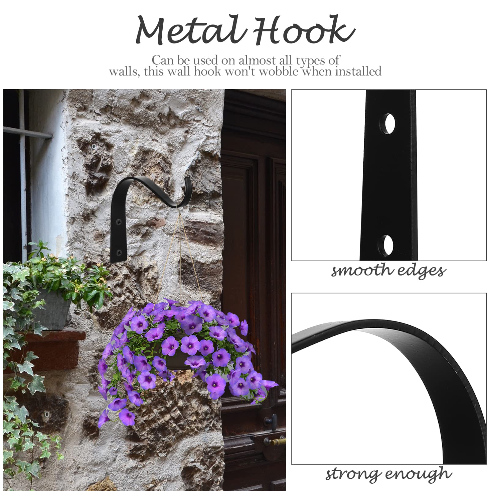 Yardwe 2 Pack Black Wrought Iron Hanging Basket Hooks - Heavy Duty Metal Plant Hangers for Flower Pots, Lanterns & Bird Feeders - Perfect for Garden, Patio, Porch & Indoor Decor