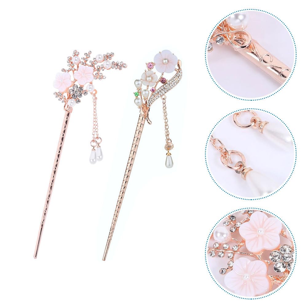Vintage Pearl Flower Hair Sticks - 2PCS Rhinestone Hair Pins for Women, Wedding & Party