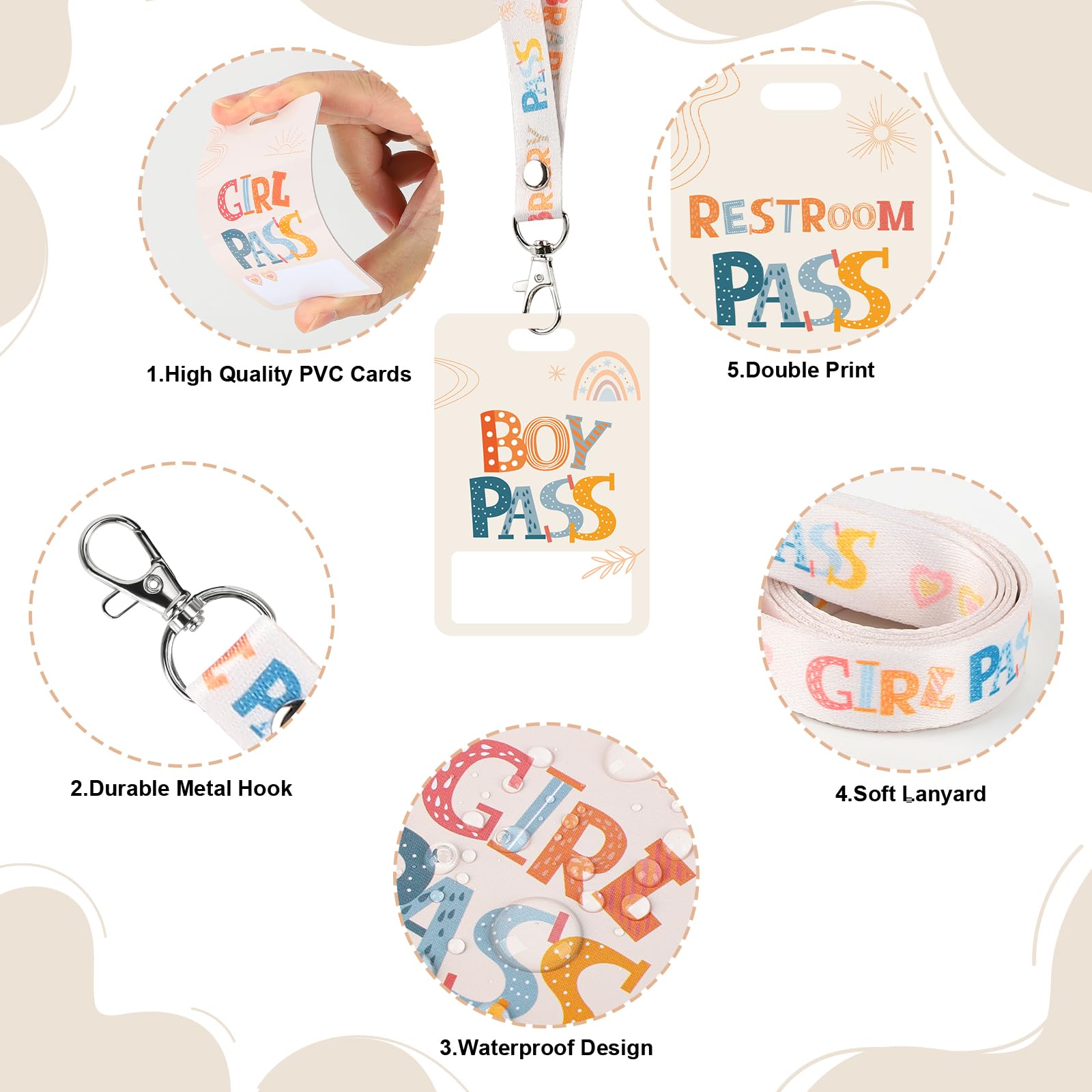 Boho Hall Passes for Classroom - 8 PVC Lanyards for School, Office & Nurse