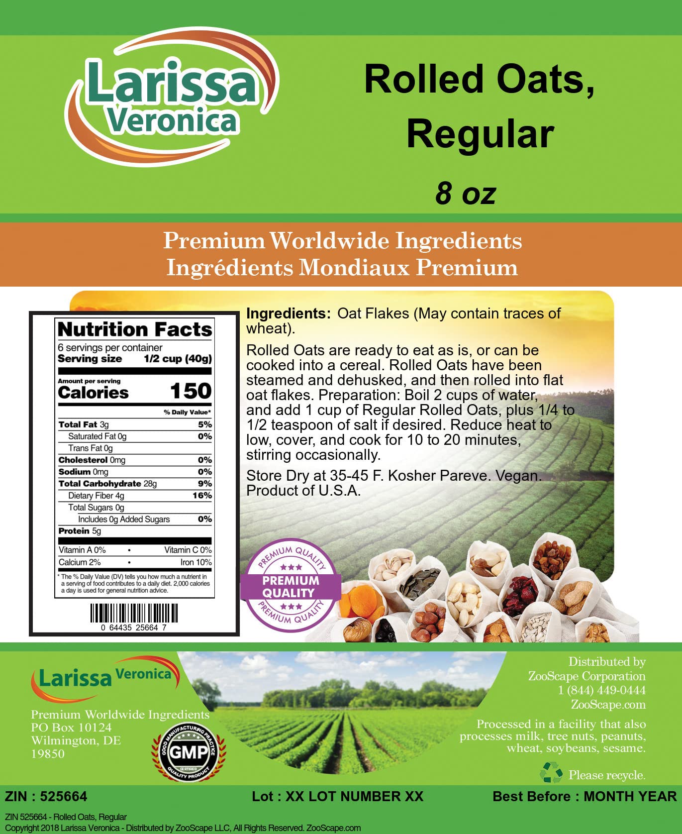 Organic Rolled Oats - 8 oz Pack | Whole Grain, Gluten-Free Breakfast Oatmeal | Perfect for Overnight Oats, Baking & Healthy Smoothies | ZIN: 525664