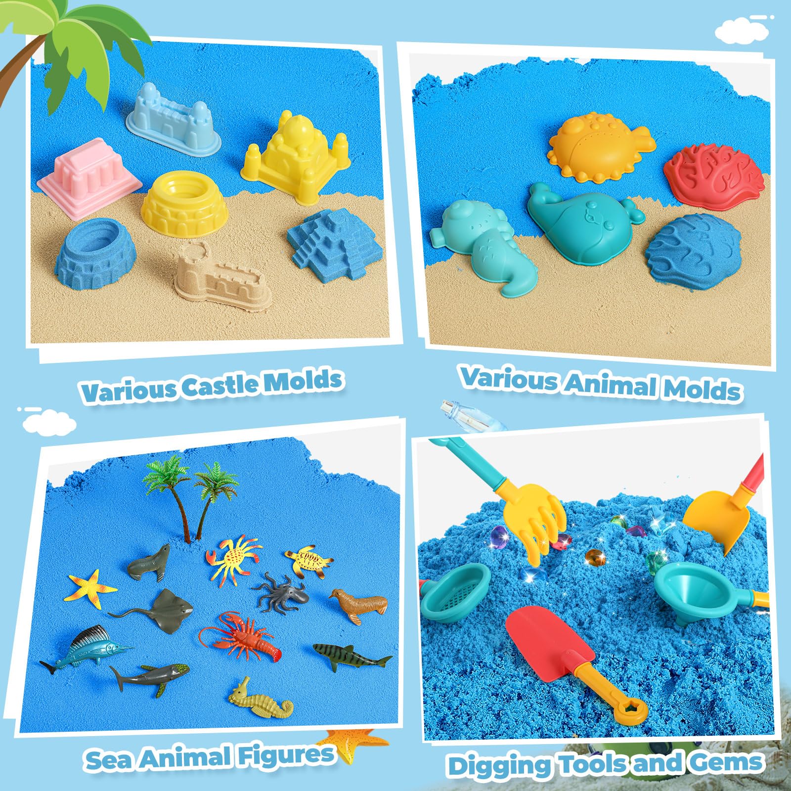 FRUSE Ocean Sensory Bin - 2.2lbs Play Sand Kit with 12 Sea Animal Toys & Sand Molds | Beach Themed Sensory Play for Toddlers Ages 3-7 | Perfect for Preschool Learning, Birthday Gifts & Indoor/Outdoor Sandbox Play