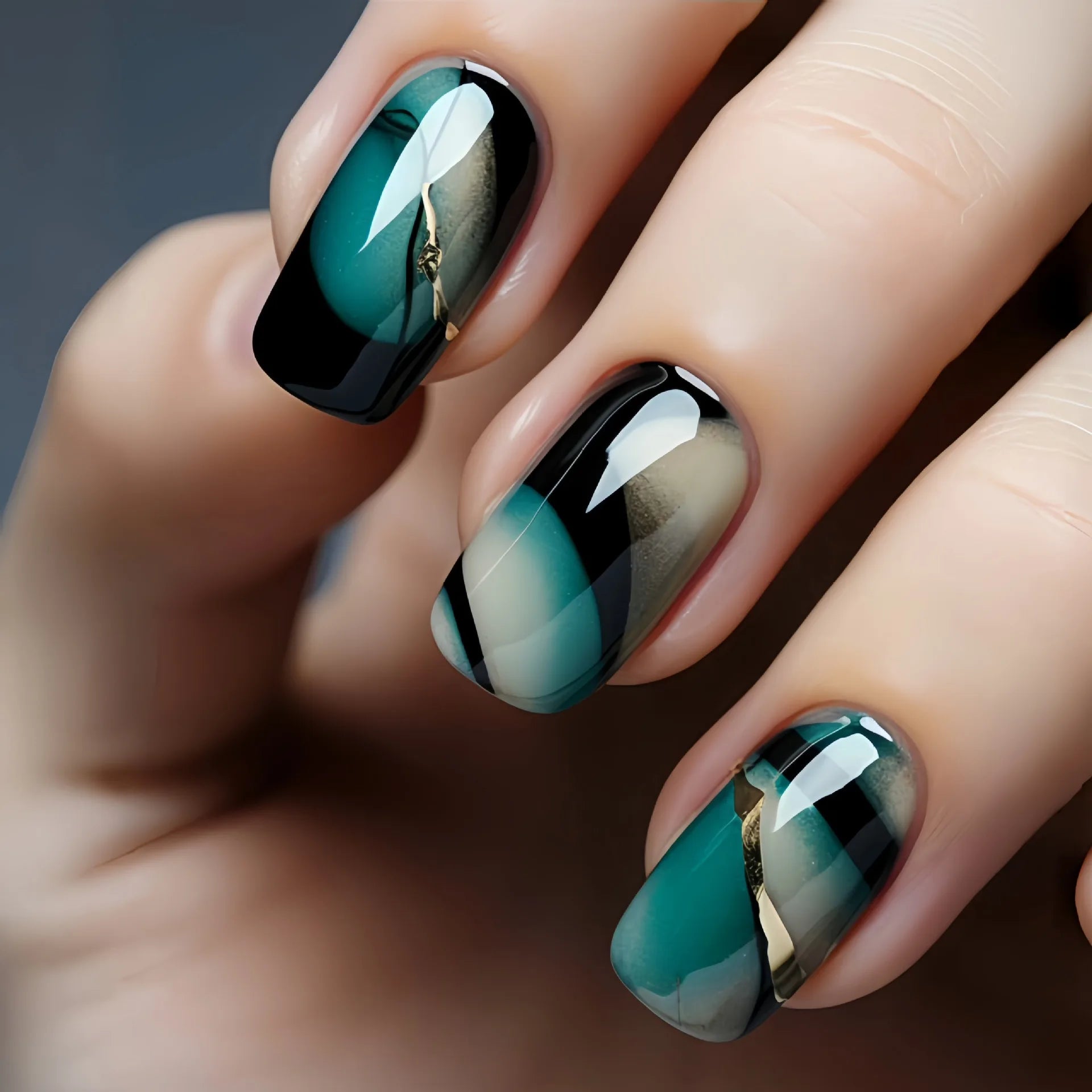 24Pcs Lightning Stripe Press on Fake Nails - Medium Length Square False Nails with Green Smudging Design, Reusable Full Cover Nail Tips for Women | Perfect for Parties, Weddings & Everyday Fashion
