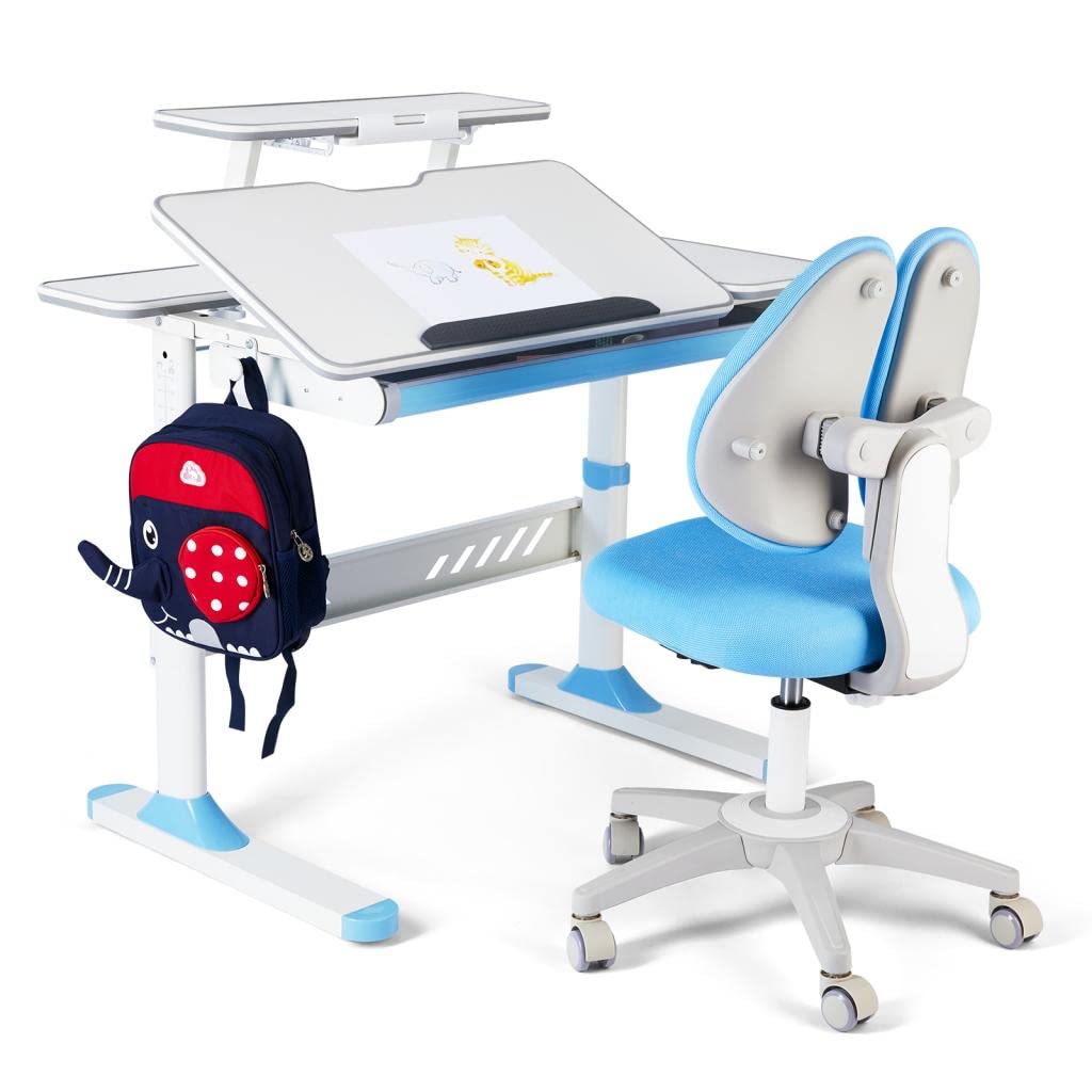 Premium Adjustable Kids Study Desk and Chair Set - Ergonomic School Writing Table with Large Writing Board, Pull-Out Drawer & Bookstand - Blue | Perfect for Homework, Online Learning & Children's Study Room