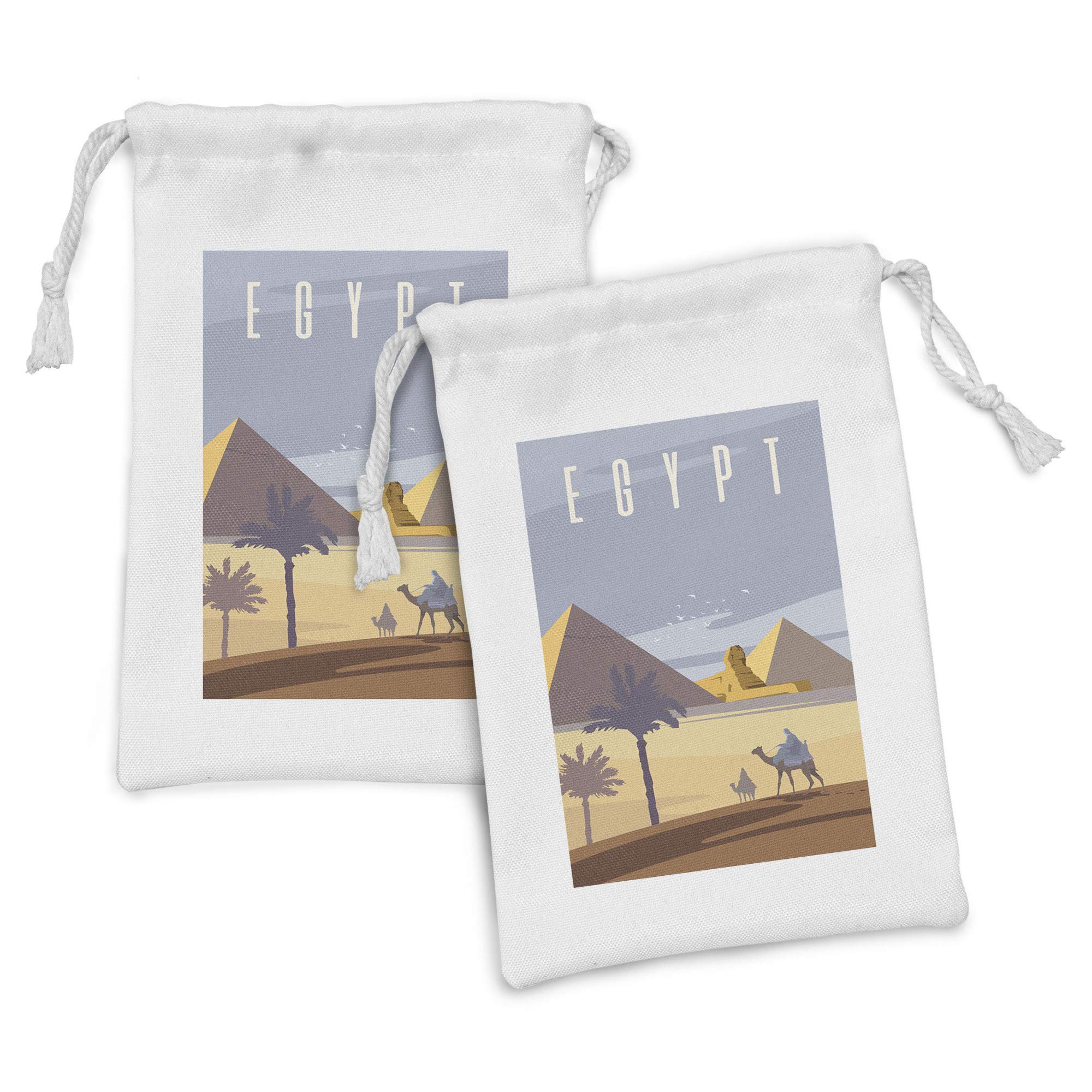 Ambesonne Vintage Egyptian Print Fabric Pouch Set of 2 - Retro Cleopatra Design Drawstring Bags for Toiletries, Travel Accessories & Party Favors, 9