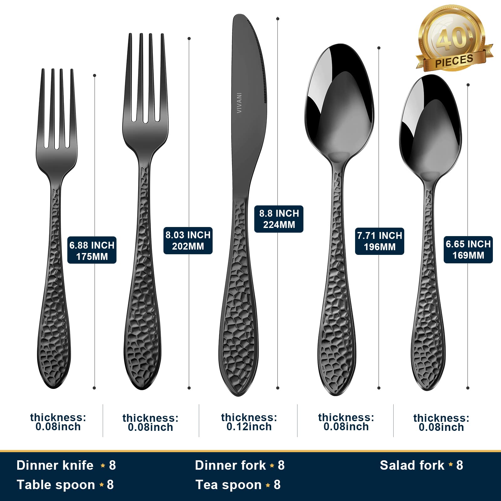 Arlox 40-Piece Black Silverware Set for 8 People - Premium Stainless Steel Flatware Set with Hammered Design & Mirror Polish - Dishwasher Safe Cutlery for Everyday Dining, Parties & Gifts