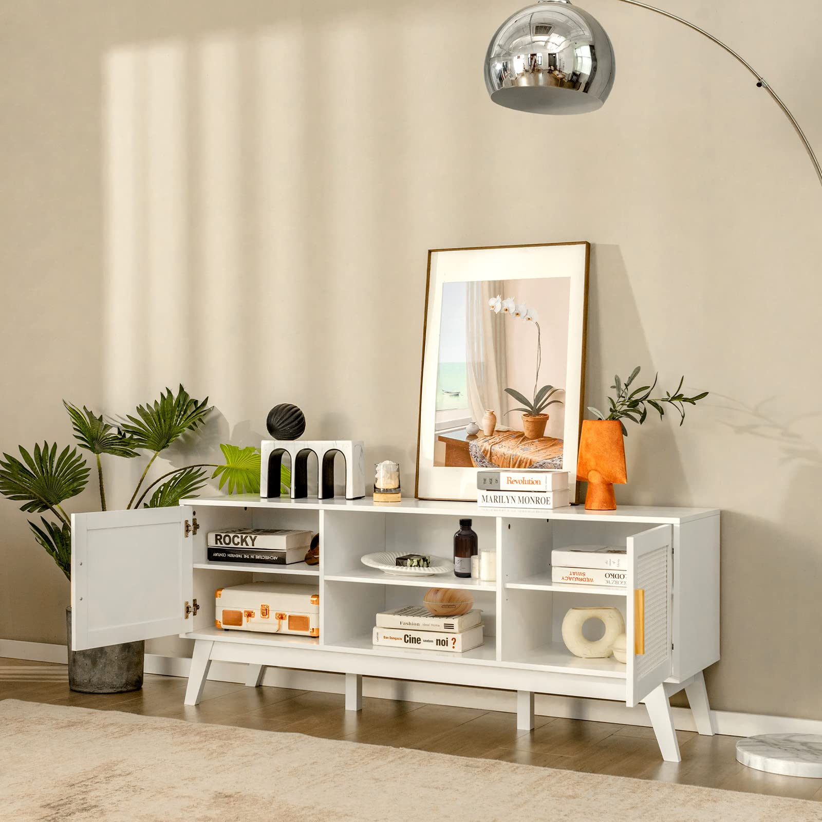 Tangkula 65 Inch Rattan TV Stand with Adjustable Shelf, 2-Door Cabinets & 6 Support Legs - Modern Wooden Media Console with Cable Holes for Living Room, Bedroom or Home Theater (White)