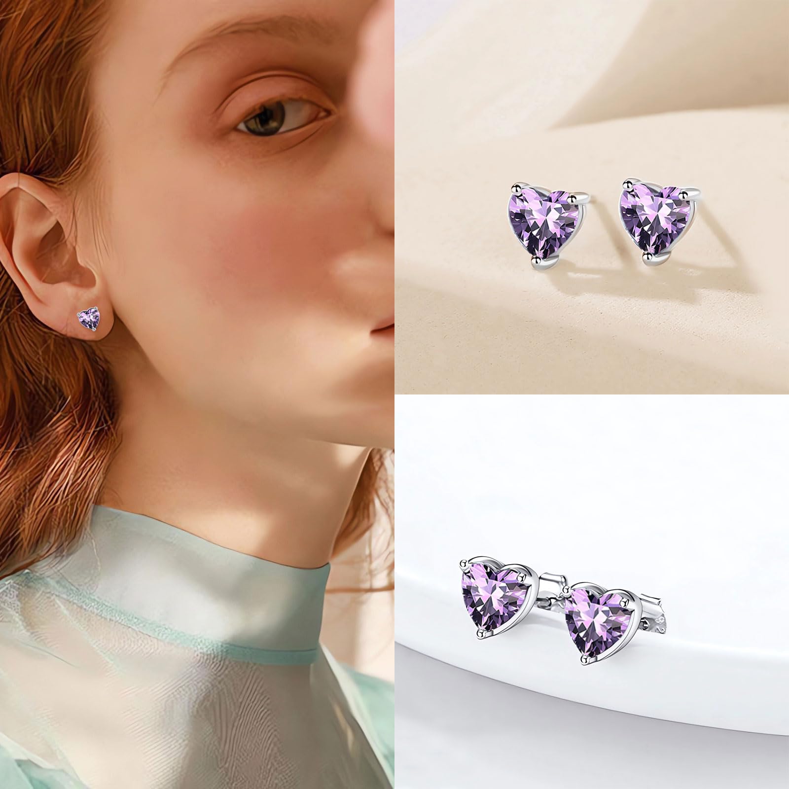925 Sterling Silver Heart Stud Earrings for Women - Hypoallergenic 6mm Tiny Cartilage Earrings with Zirconia & Birthstone | Perfect Birthday Gift, Everyday Wear & Special Occasions