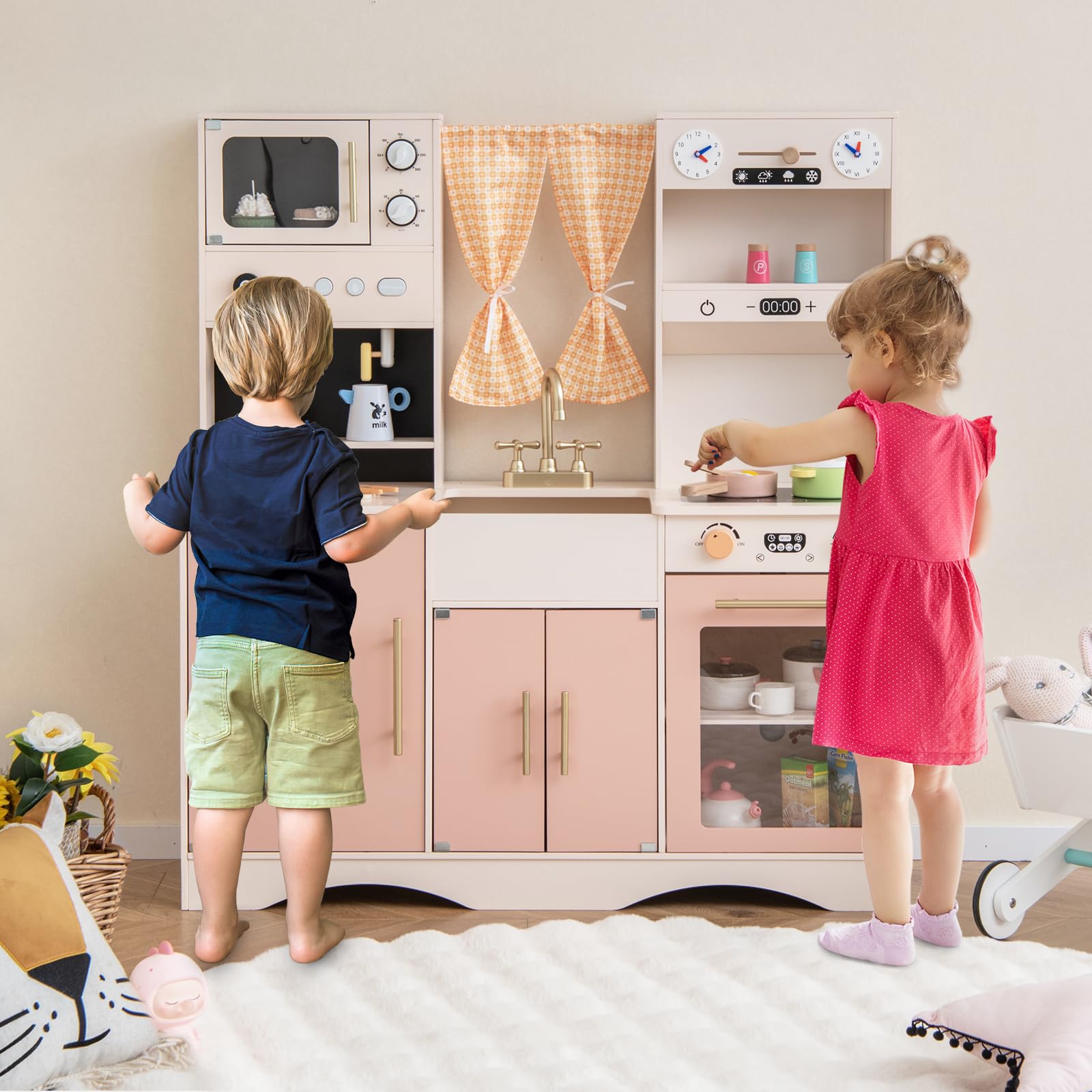 COSTWAY Wooden Play Kitchen Toy with Microwave, Coffee Maker, Ice Machine, Sink, Clock, Oven & Accessories - Pink Pretend Cooking Set for Toddlers & Kids Ages 3+ | Interactive Role Play, Imaginative Fun, Birthday Gift for Girls & Boys | Perfect for Home, Preschool & Daycare Playrooms