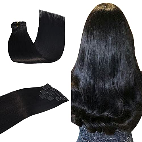 14 Inch 8pcs Clip-in Human Hair Extensions #1 Jet Black - 100% Remy Human Hair Double Weft Straight Extensions (120g) - Perfect for Daily Wear, Parties & Special Occasions