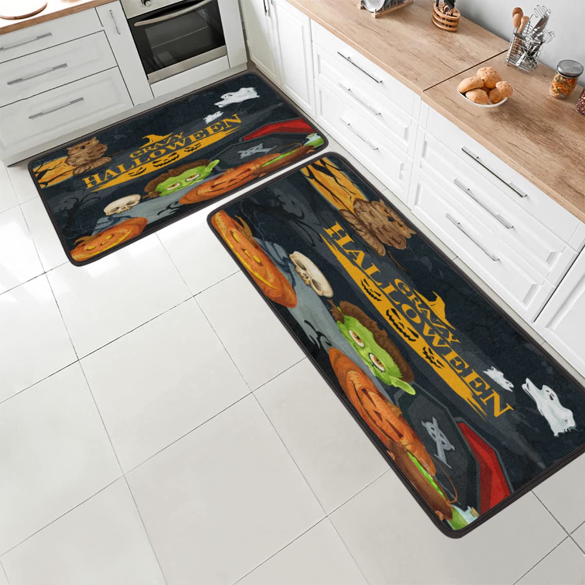 Non-Slip Washable Kitchen Rugs Set of 2 - Halloween Monsters Design Floor Mats for Kitchen, Bathroom, Living Room, Laundry, Bedroom & Entryway - Perfect for Home Decor, Safety & Comfort