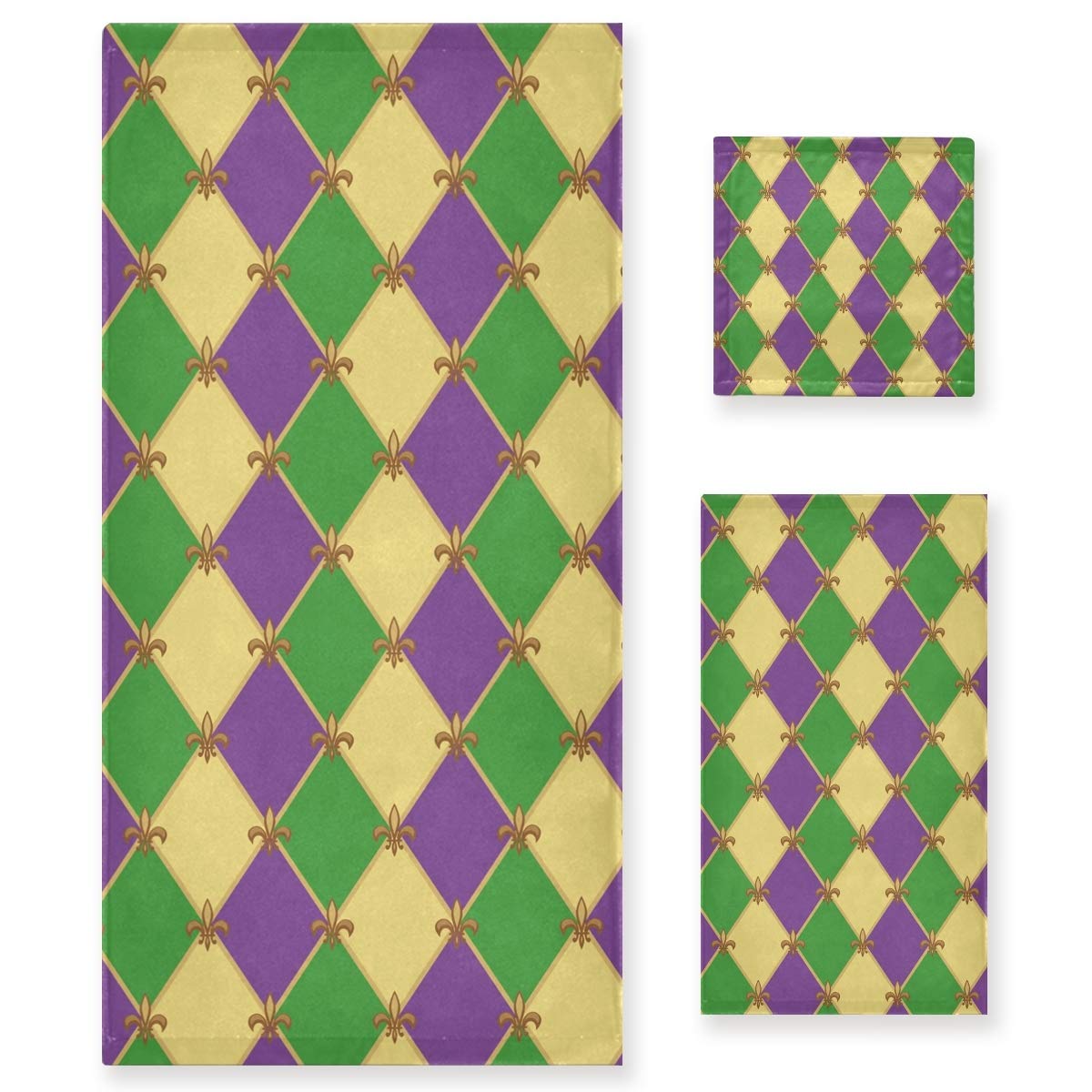 Premium Mardi Gras Fleur De Lis Pattern Luxury Bath Towel Set - 3-Piece Soft Decorative Towels (Bath, Hand & Washcloth) for Home, Hotel, Spa, Beach & Gym - Absorbent Quick-Dry Bathroom Essentials