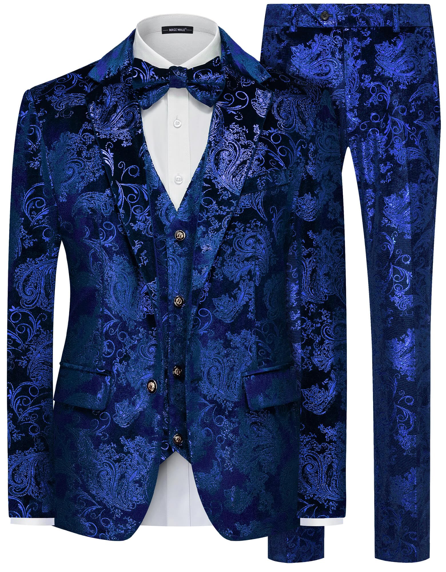 Stylish MAGE MALE Men's Floral Tuxedo Suit Set - Slim Fit 3-Piece Prom Party Blazer with Vest, Pants & Bow Tie | Perfect for Weddings, Formal Events & Special Occasions