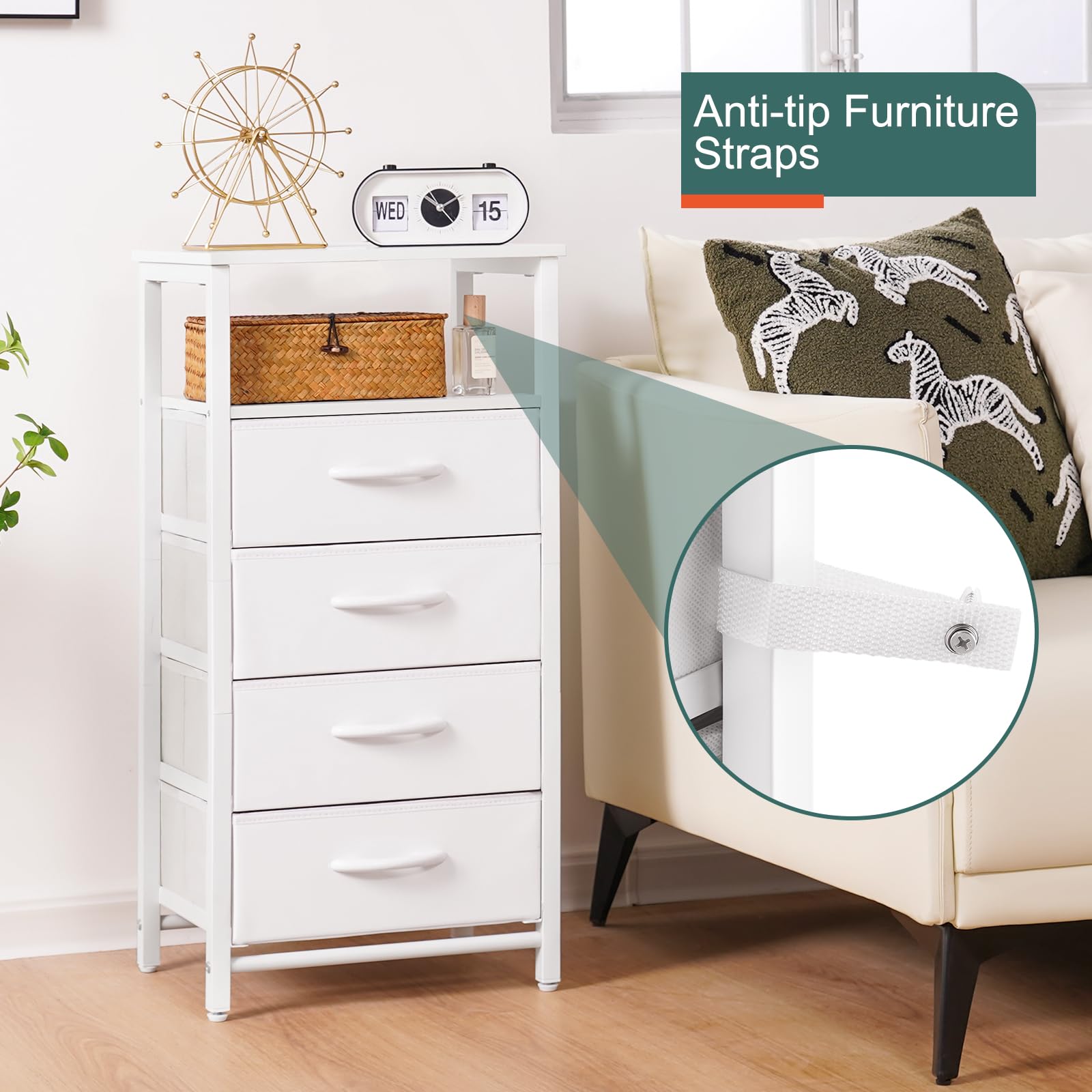 Yoobure LED Night Stand with Charging Station - White Bedside Table with 4 Storage Drawers, Shelf, USB Ports & Outlets - Tall Dresser for Bedroom - Perfect for Small Spaces, Apartment Living & Modern Home Decor