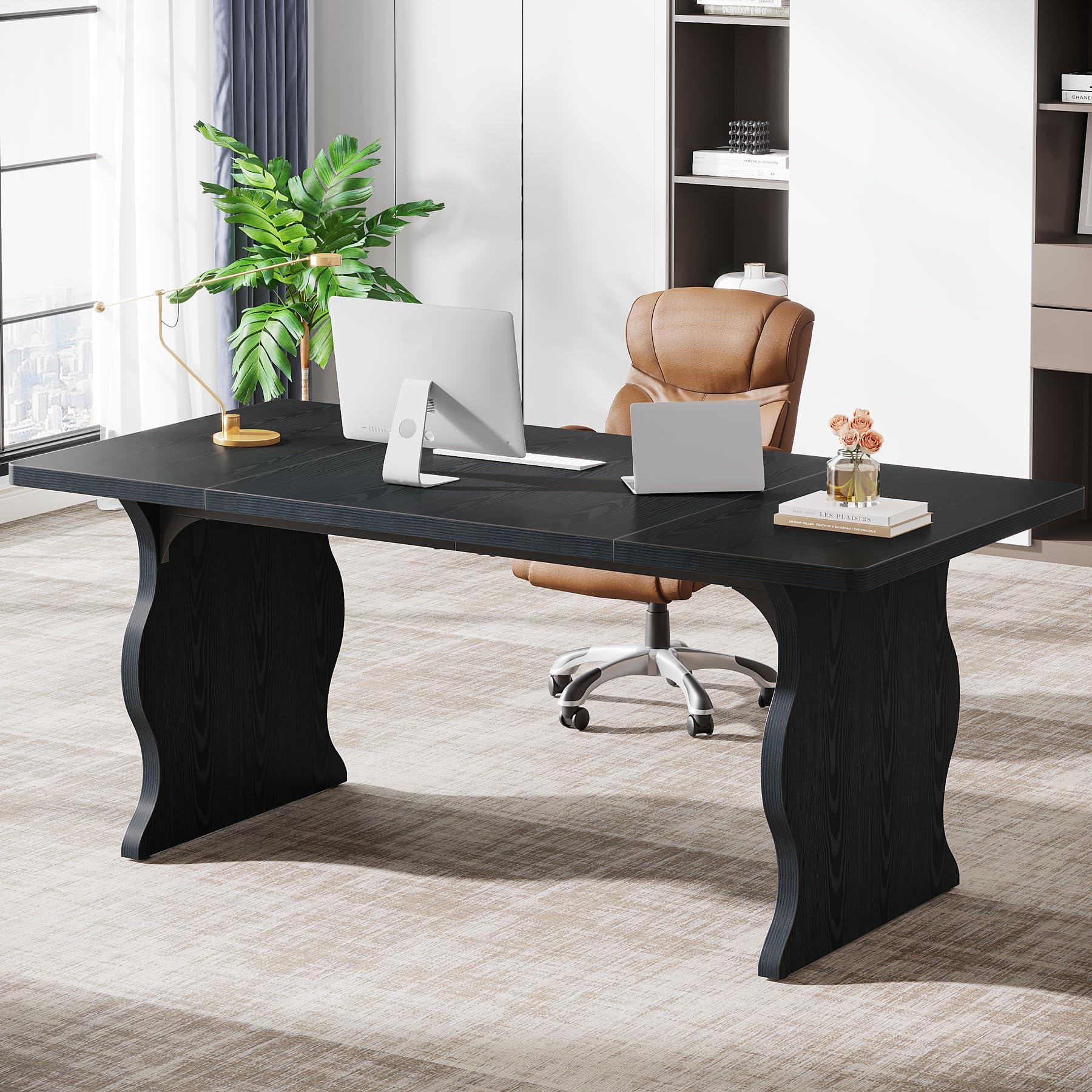 Tribesigns 63-Inch Large Executive Desk - Modern Computer Office Desk & Gaming Workstation with Sturdy Metal Legs, Black - Perfect for Home Office, PC Gaming & Writing Workspace