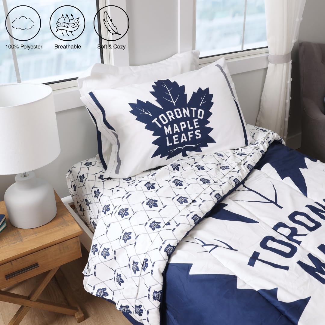 Toronto Maple Leafs Twin Bedding Set – 4-Piece NHL Comforter Set with Fitted Sheet, Flat Sheet & Pillowcase – Soft & Cozy Hockey Fan Bedroom Decor (Official NHL Licensed Product) – Perfect for Kids' Rooms, Game Day Theming, and NHL Fan Gifts