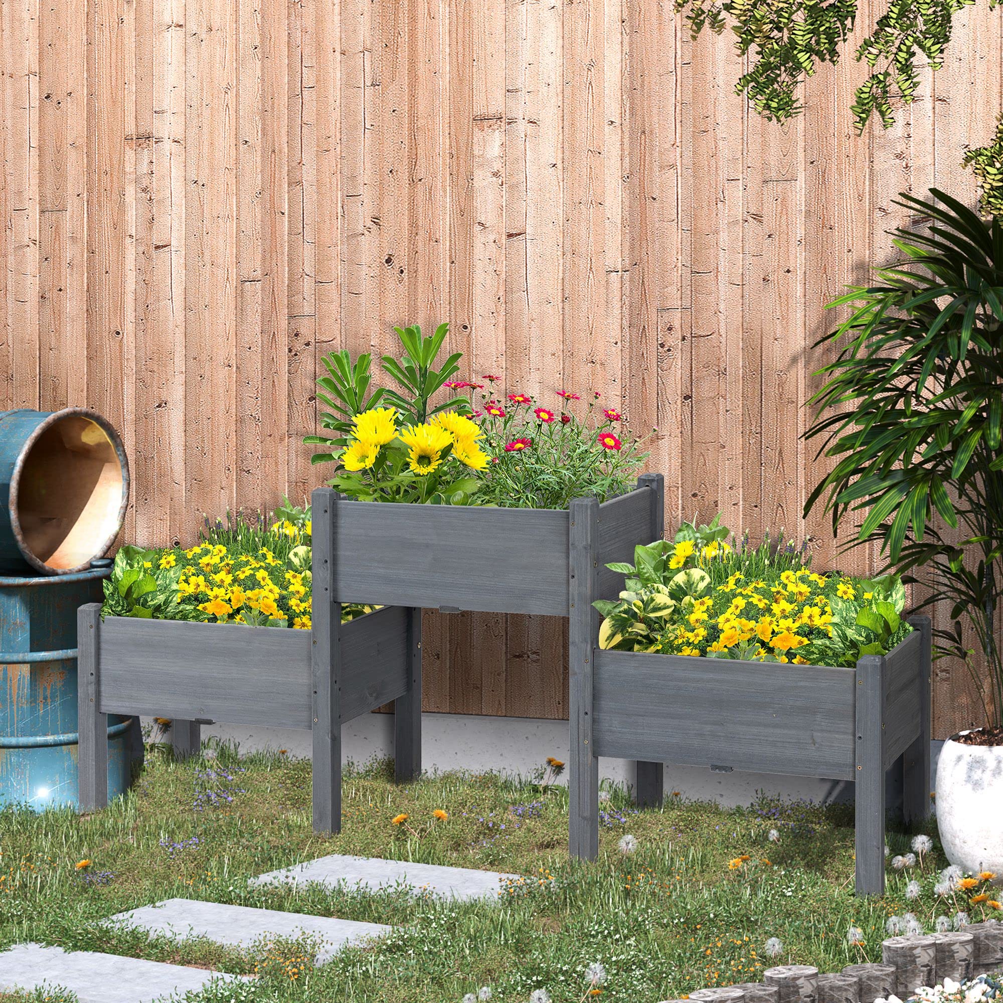 Outsunny 3-Tier Raised Garden Bed Kit - Elevated Wooden Planter Stand with Drainage Holes for Vegetables, Herbs & Flowers (Gray) - Perfect for Patio, Balcony & Small Space Gardening