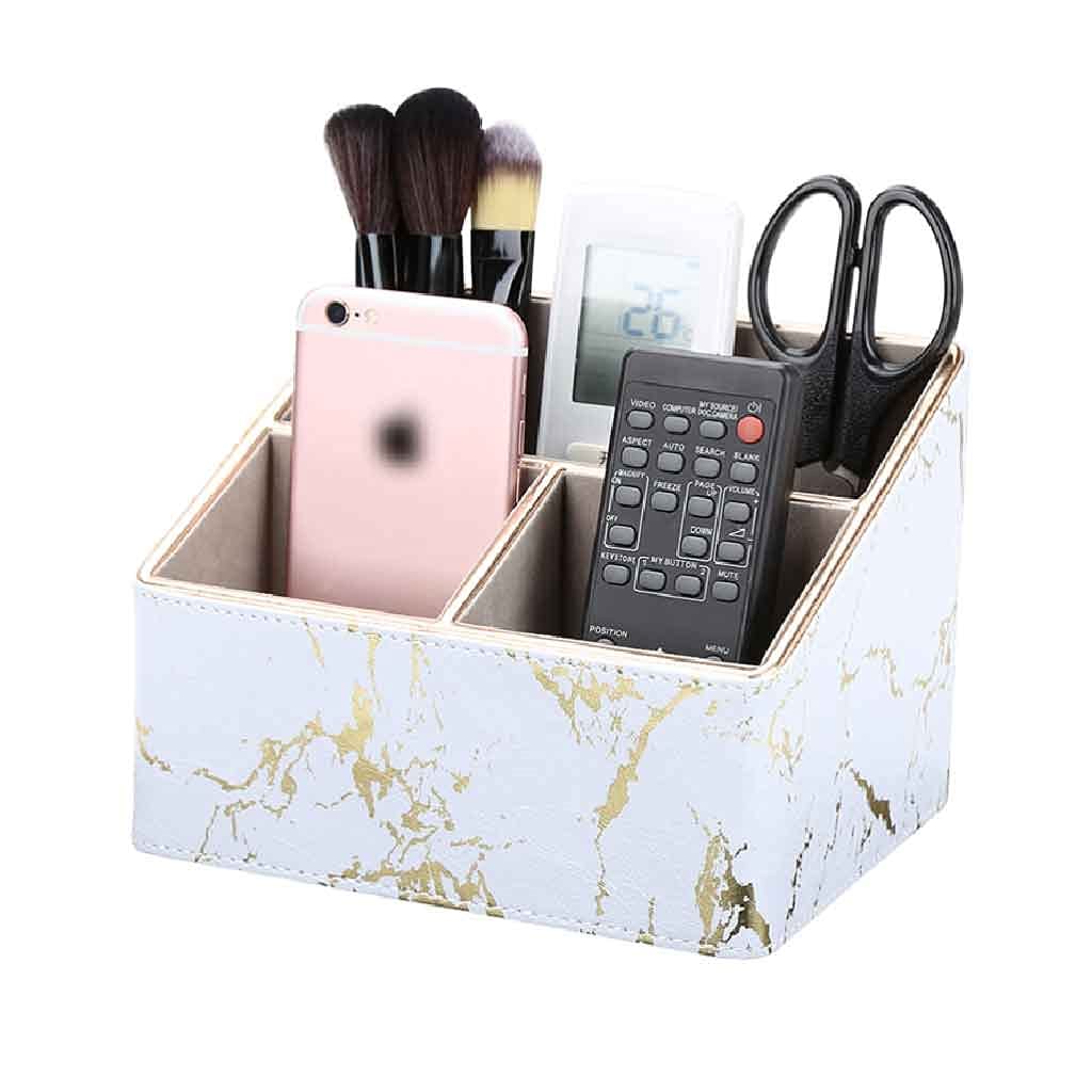 Marbled Pen Holder for Desk - Large Capacity 3-Compartment Pencil Storage Box, Office & School Desktop Organizer (White-Gold) - Perfect for Organizing Pens, Markers, and Stationery on Work Desks, Study Tables, and Home Offices