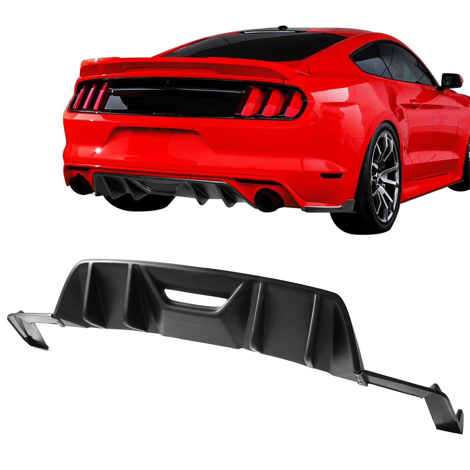 IKON MOTORSPORTS Rear Diffuser for 2015-2017 Ford Mustang - HN Style 4-Fin Bumper Lip Spoiler in Black PP Material | Enhances Aerodynamics & Aggressive Styling for Street Racing & Car Shows