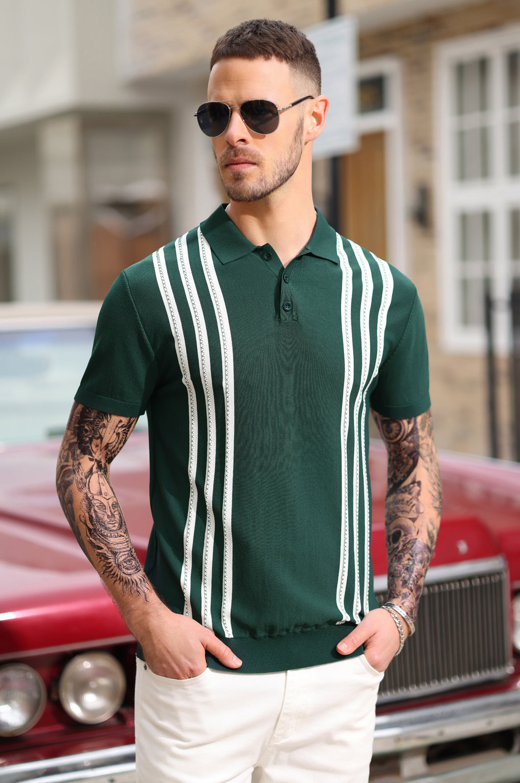 Vintage Stripe Knit Polo Shirt for Men - Short Sleeve Cotton Golf Shirt with Comfort Fit - Perfect for Golf, Casual Wear & Summer Outings