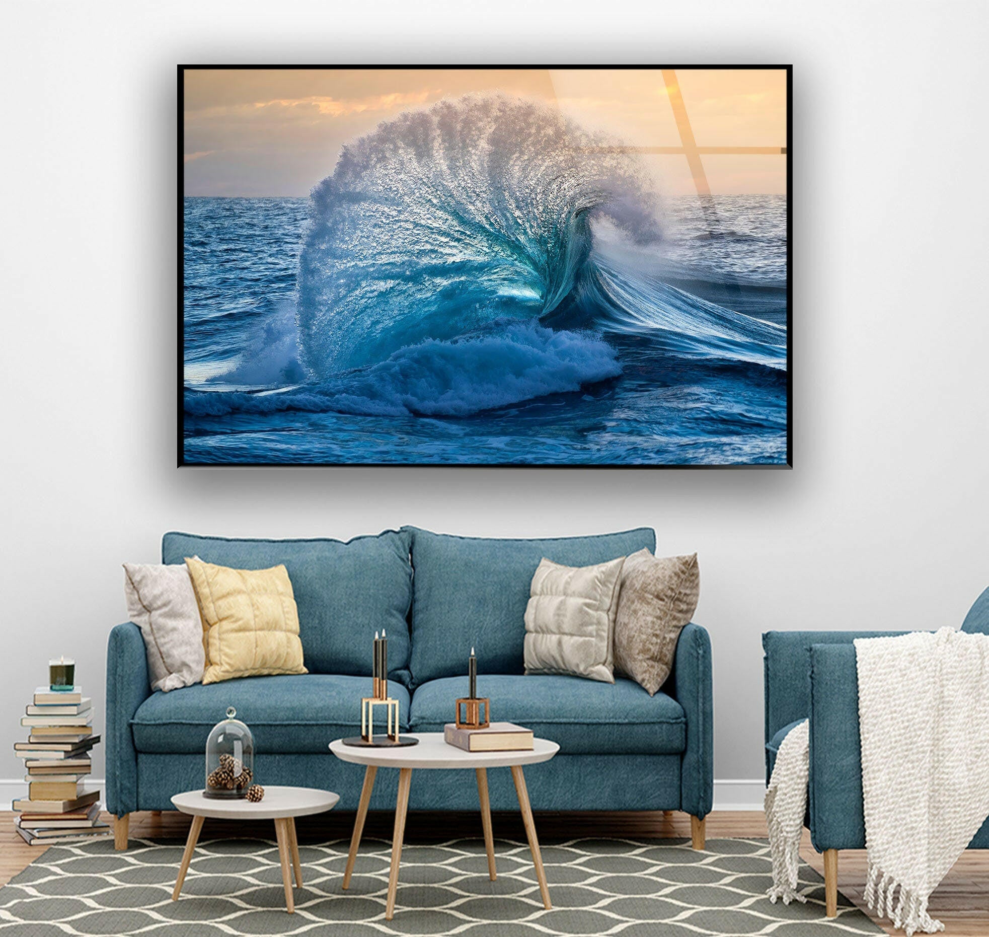 Big Ocean Wave Glass Wall Art - Handmade Coastal Decor for Living Room, Bedroom & Office - Perfect Beach Theme Home Decoration