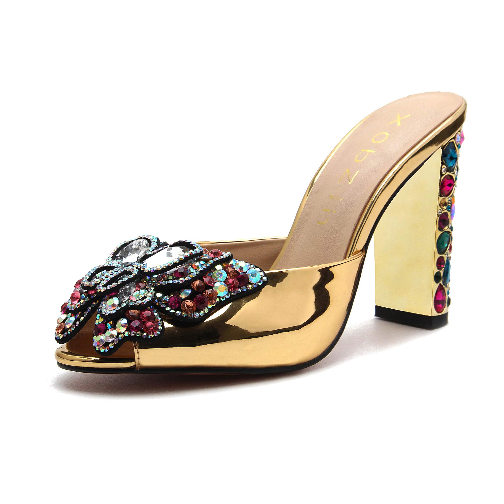 **Elegant Gold Open-Toe Rhinestone Heels for Women - Designer Evening Dress Sandals with Jewel Block Heels - Perfect for Weddings, Prom & Formal Events**