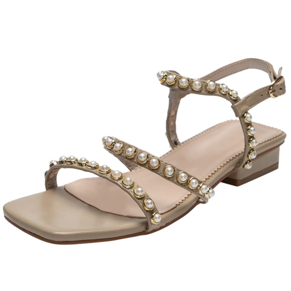 NIOKIT Women's Studded Flats Sandals - Square Open Toe Ankle Strap Casual Shoes with Pearls for Summer, Beach, Wedding & Party Outfits