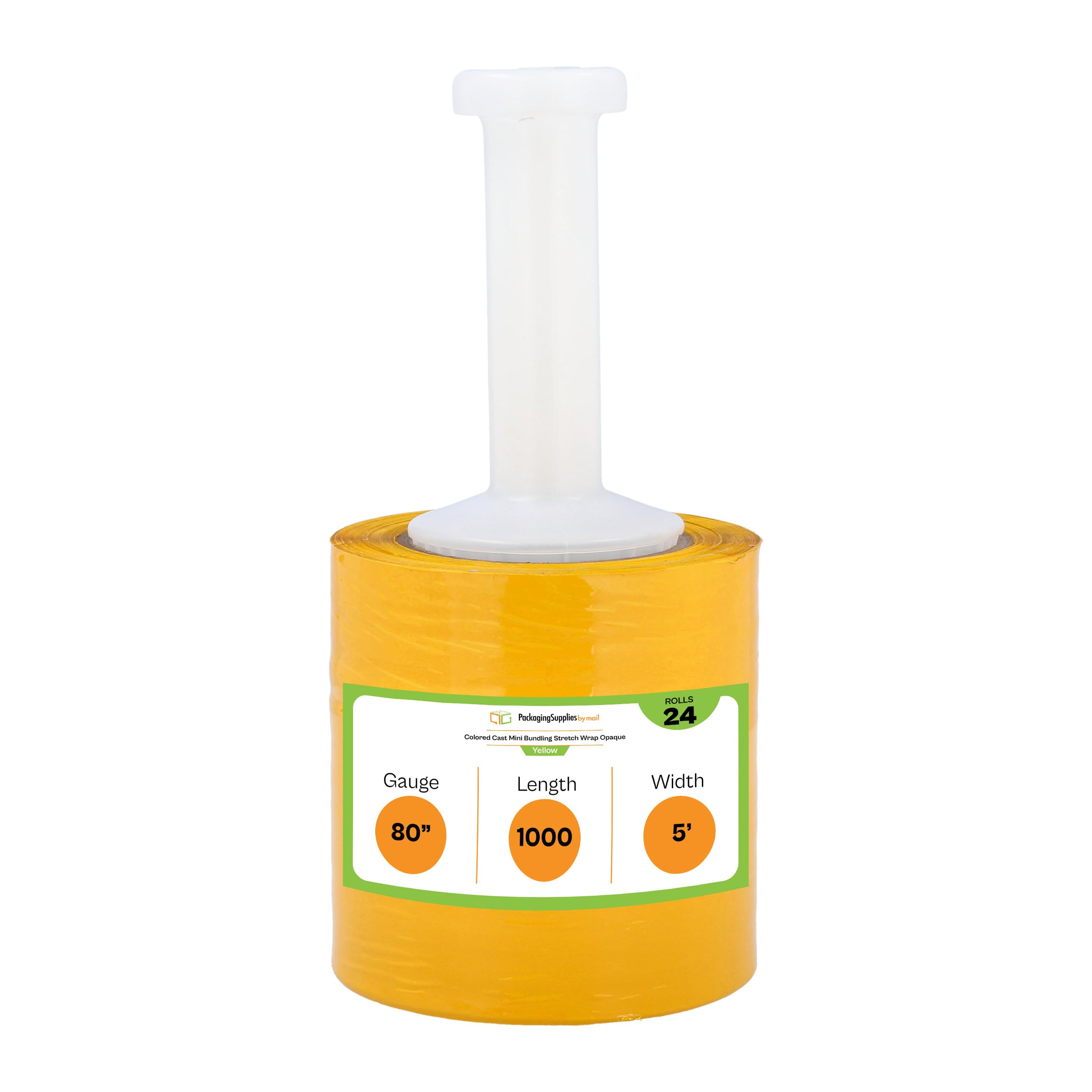 PSBM Yellow Mini Stretch Wrap with Plastic Handle - 24 Pack, 5 Inch x 1000 Feet, 80 Gauge Color Coded Plastic Cling Film Rolls for Shipping, Storing & Securing Pallets - Ideal for Warehouse, Logistics & Industrial Packaging