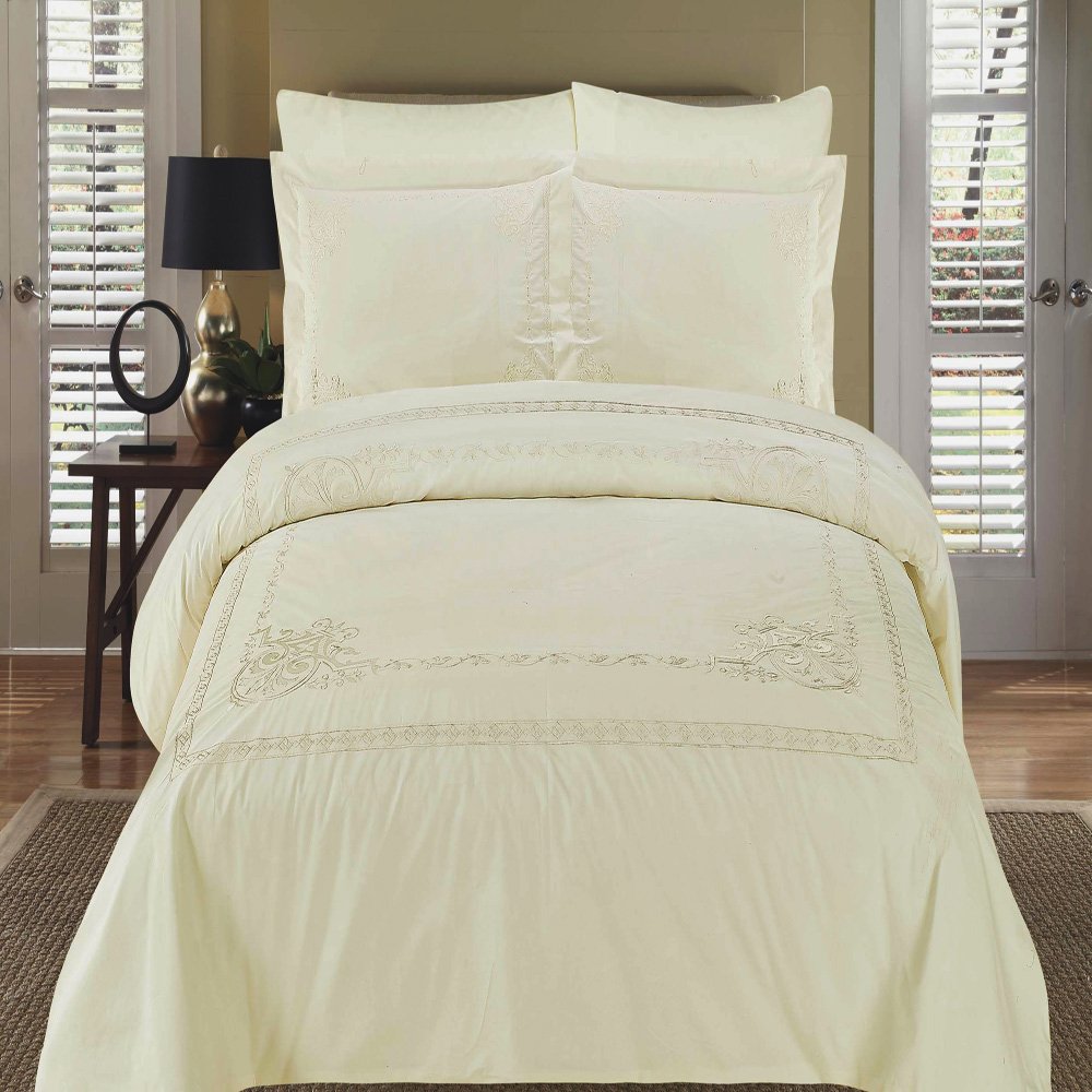Luxury 4-Piece King Size Athena Ivory Embroidered Comforter Set - 100% Egyptian Cotton Duvet Cover + Down Alternative Comforter | Perfect for Master Bedroom, Guest Room & Hotel Decor