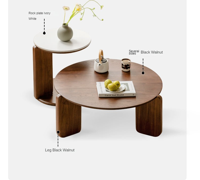 Solid Black Walnut Wood Round Slate Coffee Table - Rustic Modern Living Room Furniture for Home Decor & Tea Time Relaxation