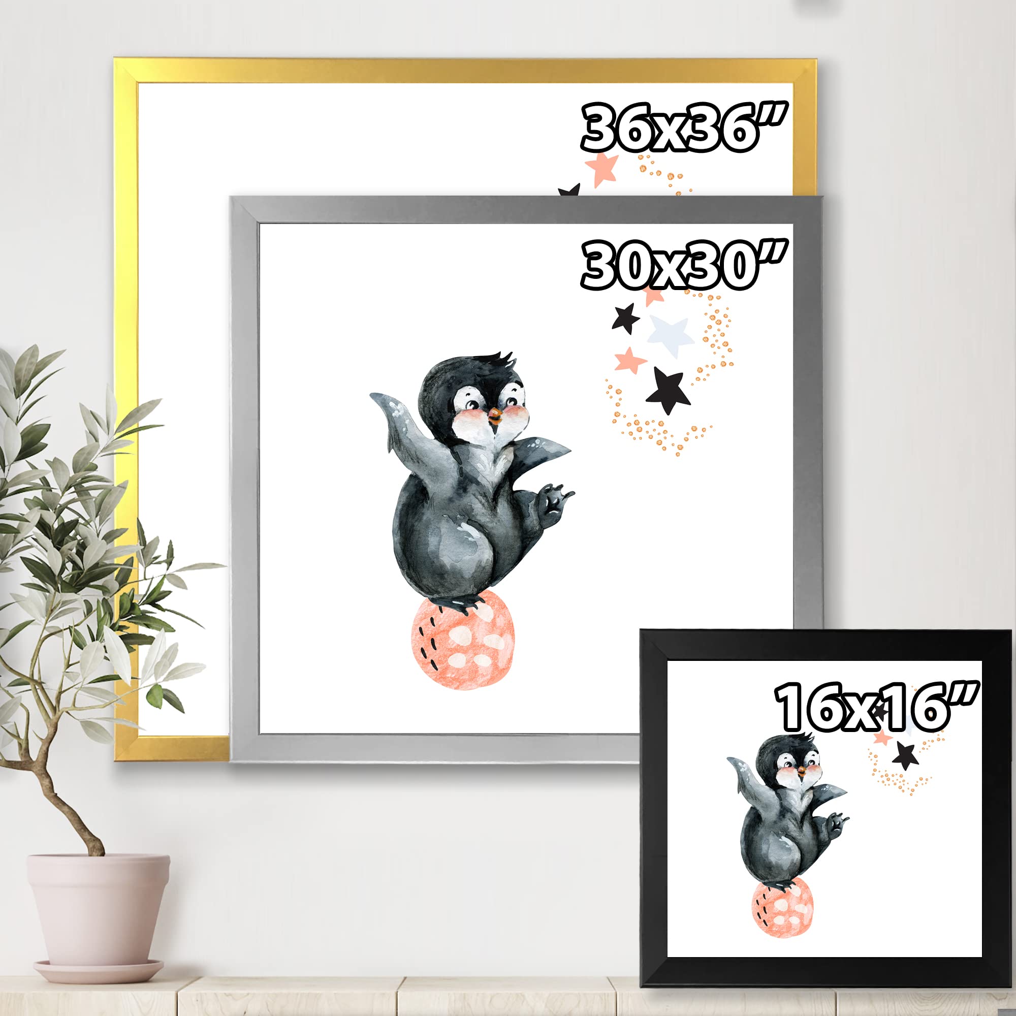 DesignQ Little Penguin With Stars and Planets II Farmhouse Framed Wall Art - Nursery Decor, Kids Room Wall Art, Living Room Decor for Home & Office