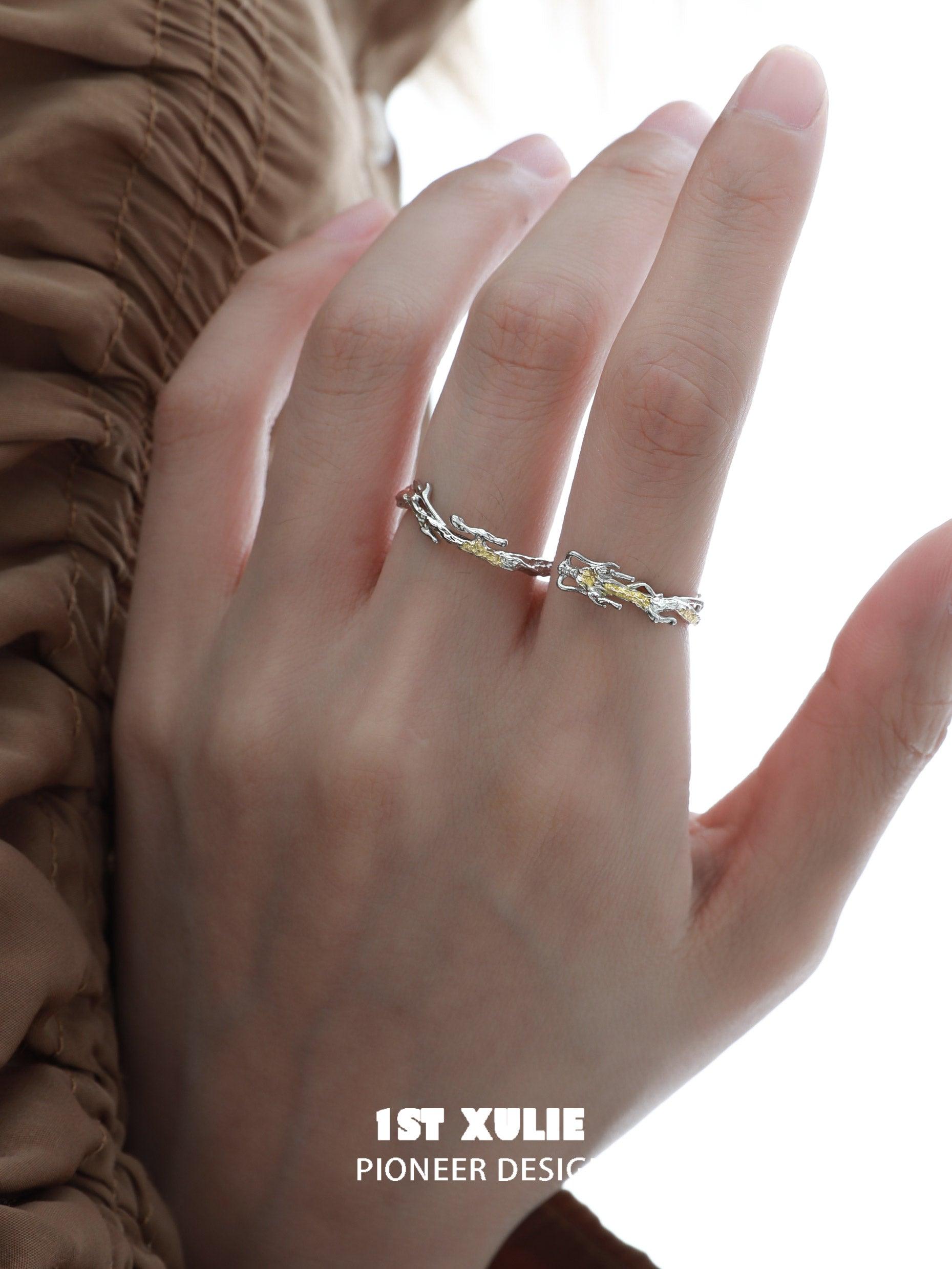 Loong S925 Sterling Silver Gold Double Hole Ring - Elegant Dragon Design for Men & Women | Perfect for Gifts, Weddings, and Fashion Jewelry