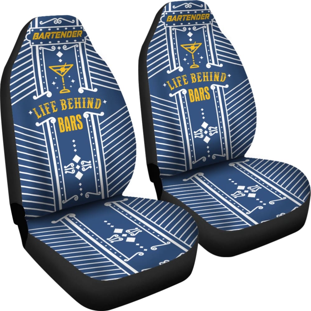 Premium Blue 'Life Behind Bars' Bartender Gold Letter Printed Car Seat Covers 211601 - Durable & Stylish Protection for Cars, Trucks & SUVs - Perfect for Bartenders, Car Enthusiasts & Gift Giving
