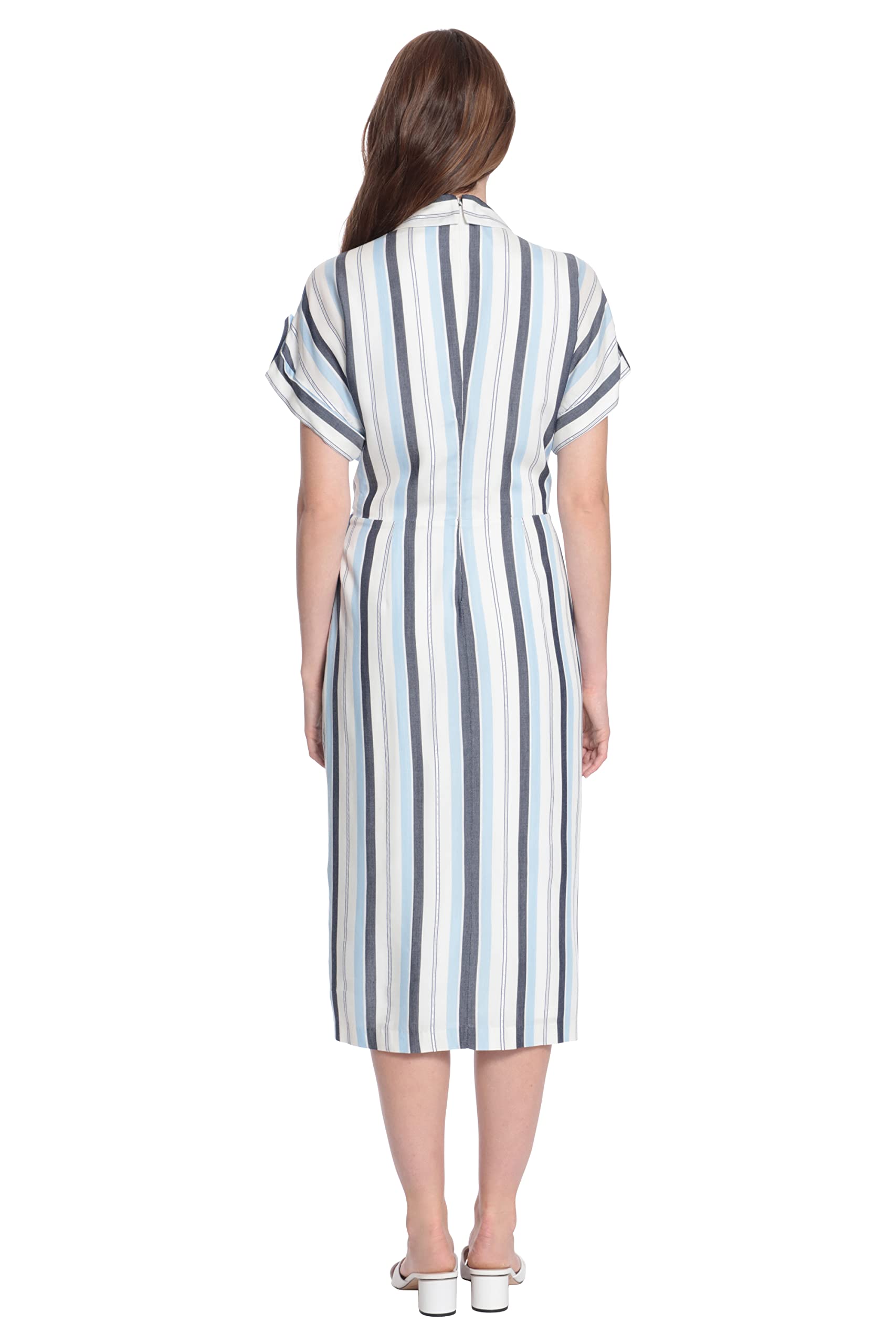 London Times Women's Striped Faux Wrap Collar V-Neck Midi Dress - Elegant Office Wear & Casual Summer Dress for Women