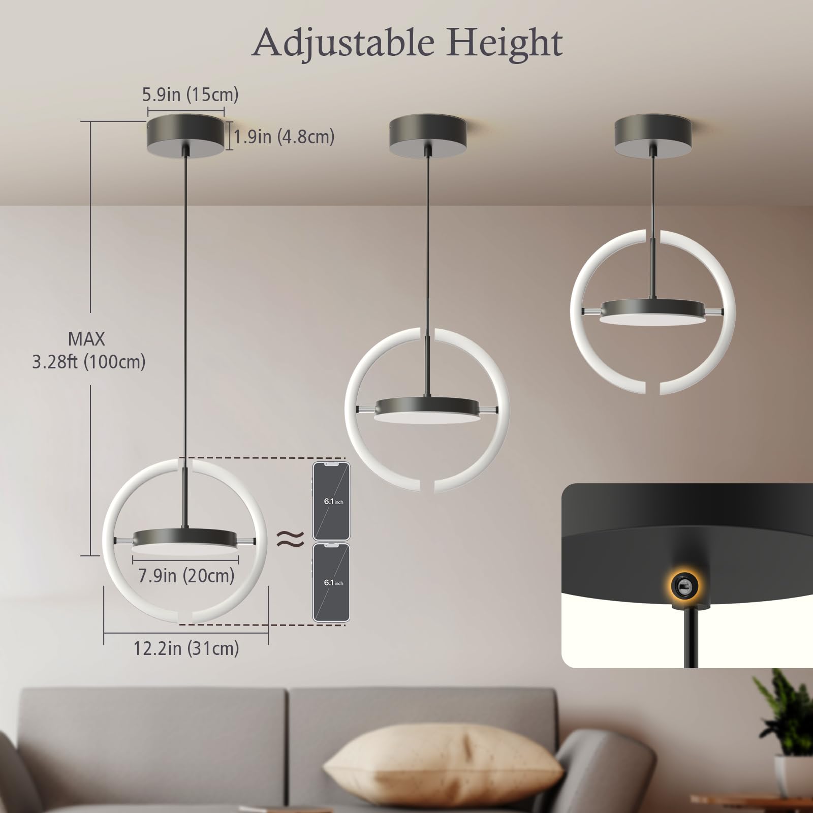 FIMEI LED Pendant Light Fixture - Dimmable 3000-6000K Adjustable Hanging Chandelier with Saturn Ring Design for Dining Room, Kitchen Island, Living Room, Bedroom & Entryway - Modern Lighting for Home Decor & Interior Design