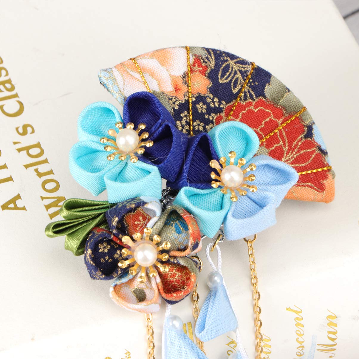 Japanese Kimono Flower Hair Clips with Tassel - Traditional Kanzashi Hair Ornaments for Women (Blue) | Elegant Hair Accessories for Weddings, Tea Ceremonies & Cosplay